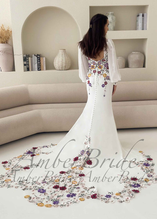Modern Mermaid Wedding Dress with Multicolored Floral Embroidery and Long Puff Sleeves
