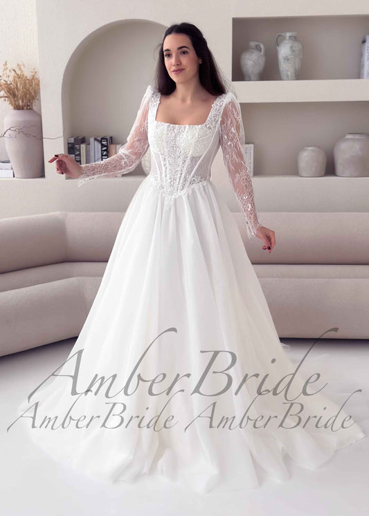 Romantic Basque Waist A-Line Wedding Dress with Long Lace Sleeves