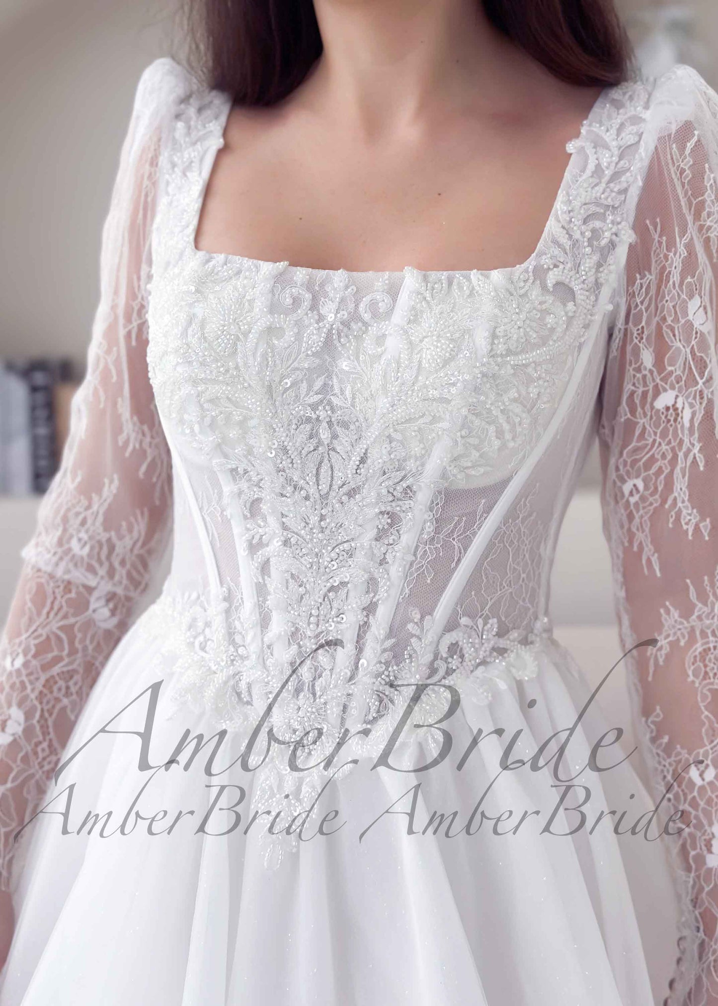 Romantic Basque Waist A-Line Wedding Dress with Long Lace Sleeves