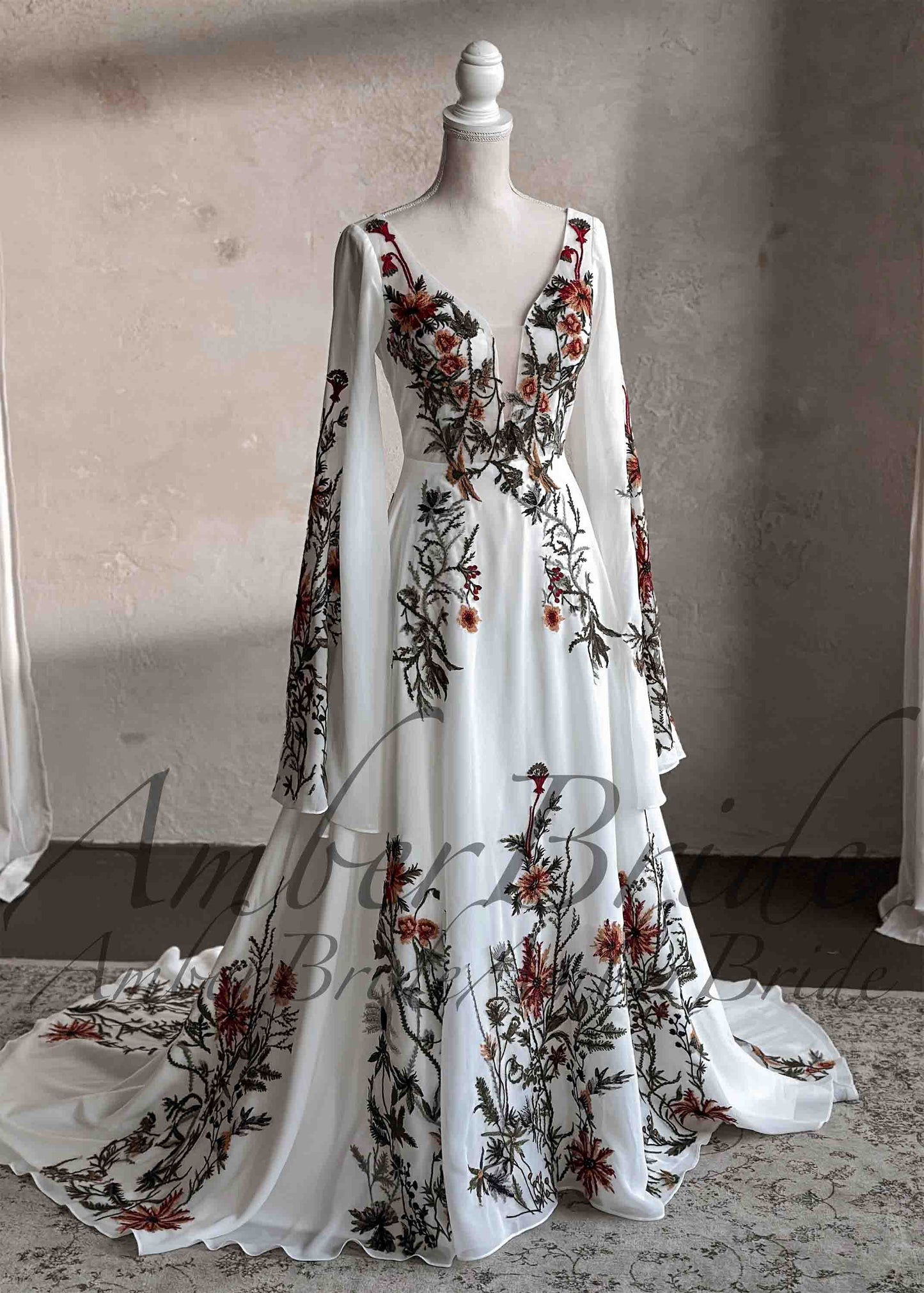 Rustic Embroidered Floral Wedding Dress with Cape Sleeves