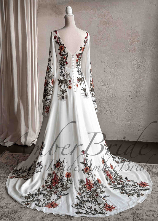 Rustic Embroidered Floral Wedding Dress with Cape Sleeves