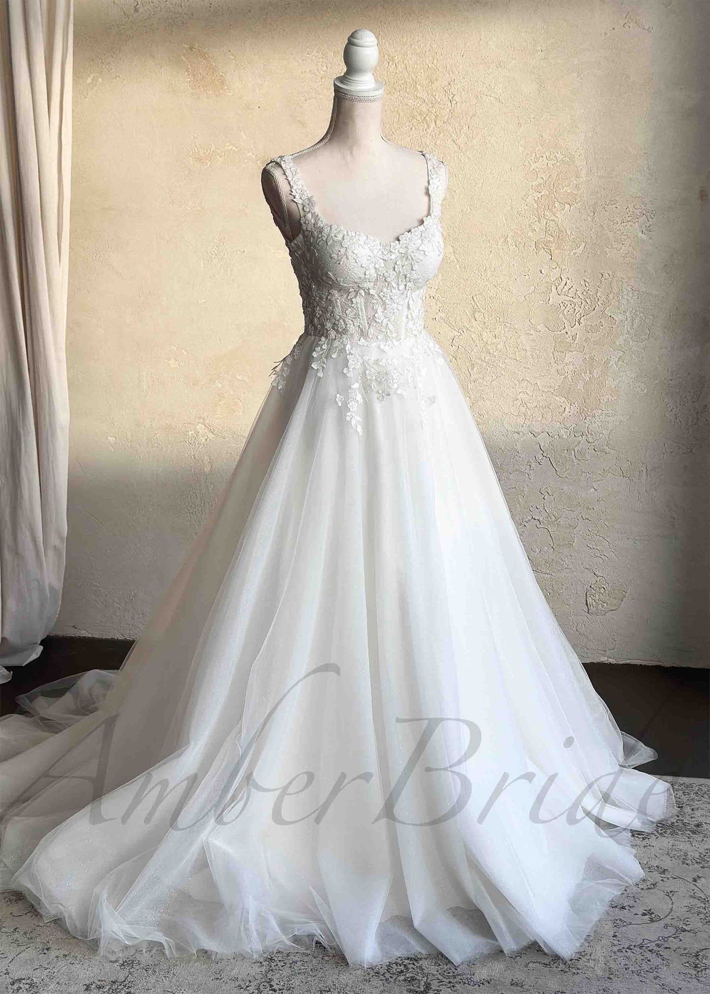 Rustic Wedding Dress with Floral Appliques with Glittering Tulle Skirt