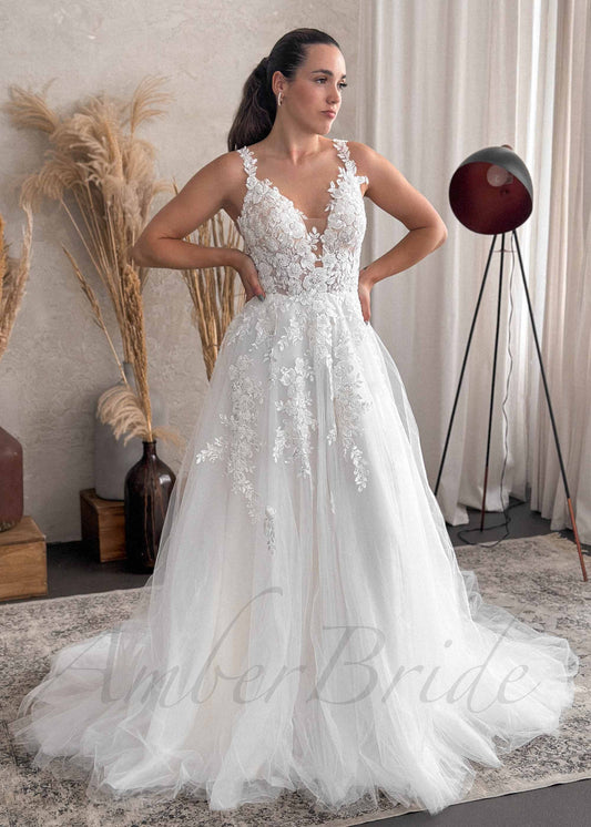 Romantic A Line Wedding Dress with Floral Design and Open Back