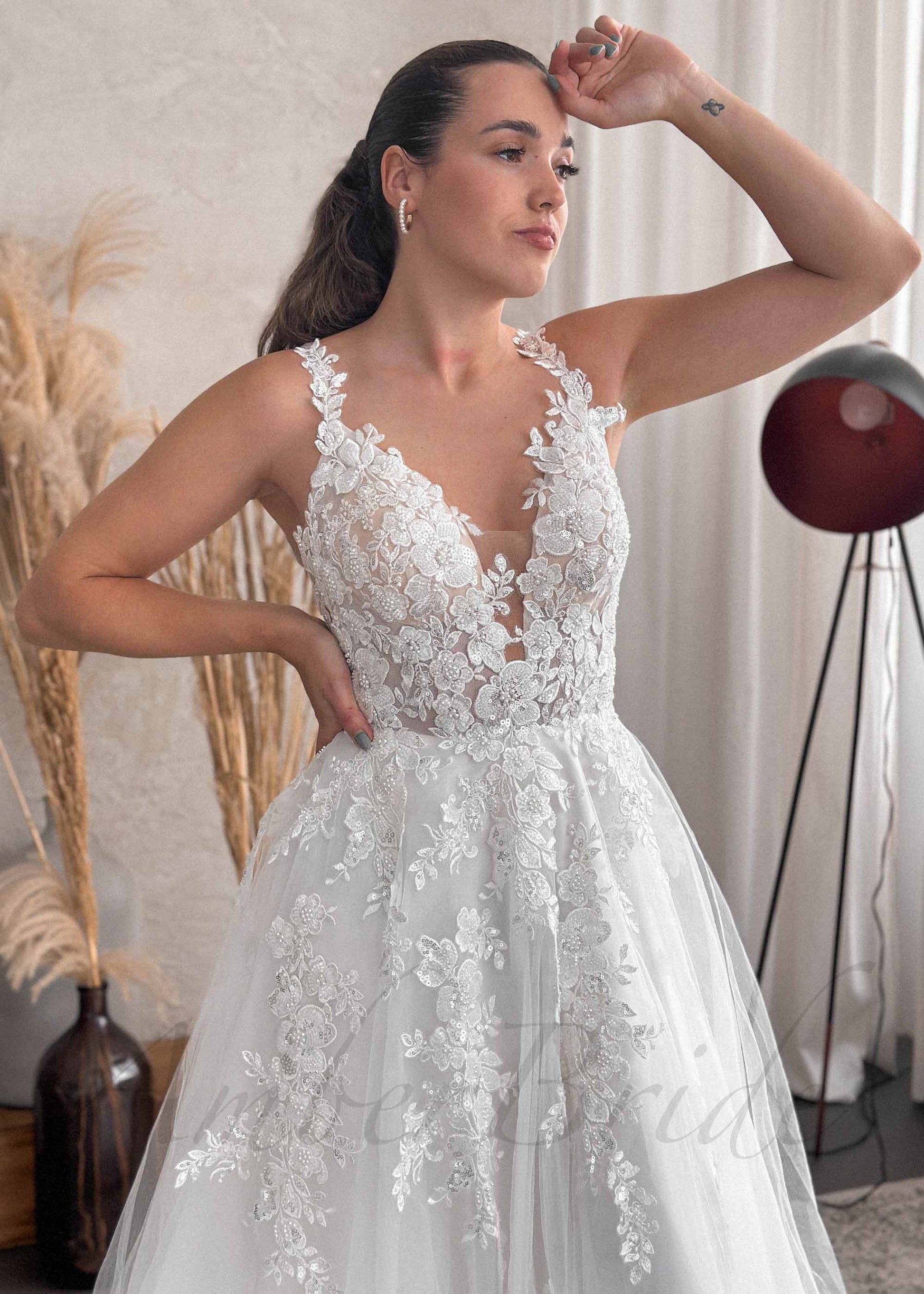 Romantic A Line Wedding Dress with Floral Design and Open Back