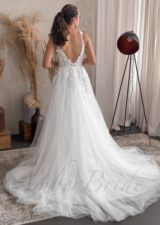 Romantic A Line Wedding Dress with Floral Design and Open Back