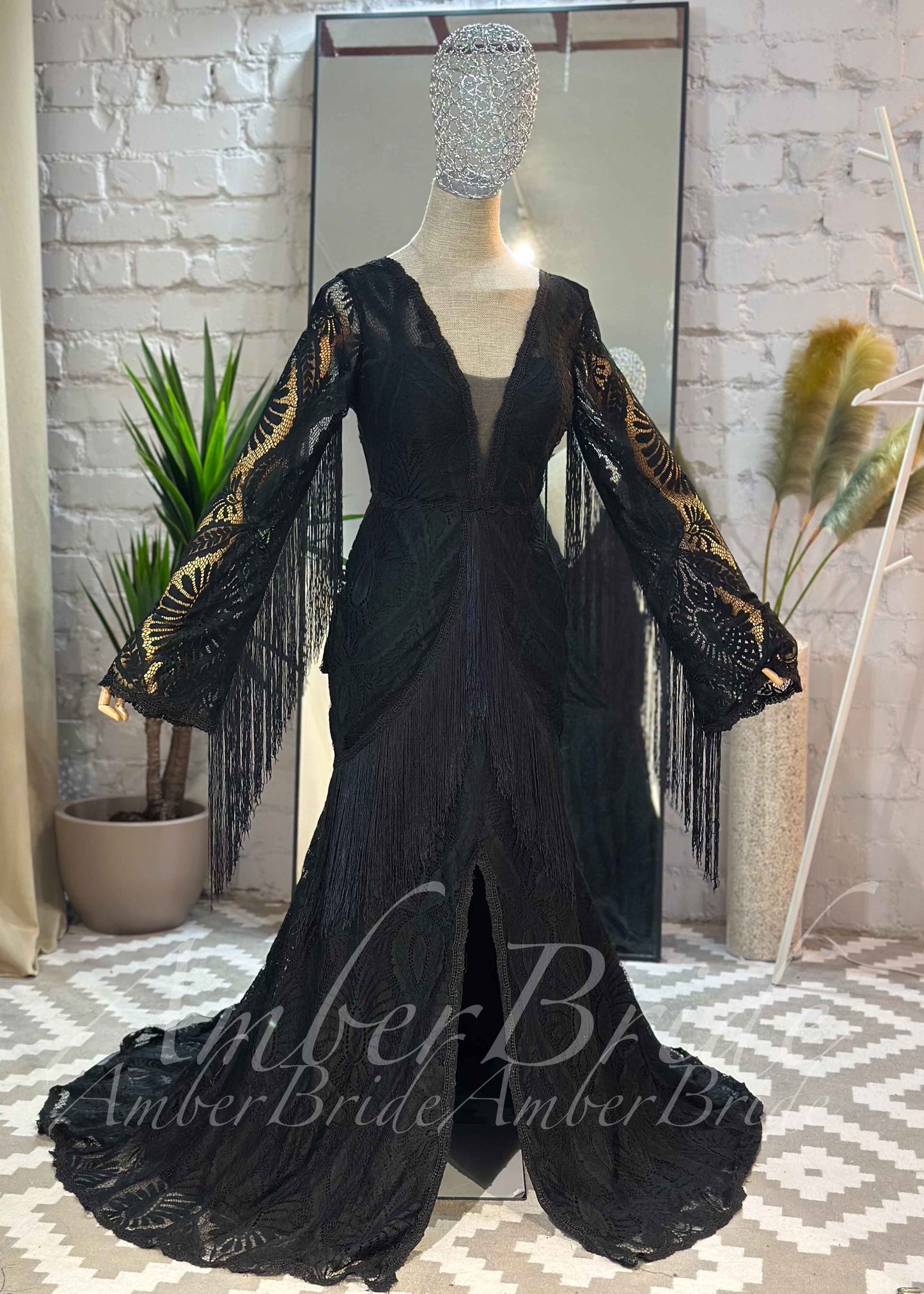 Bohemian Black Lace Wedding Dress with Fringe Sleeves