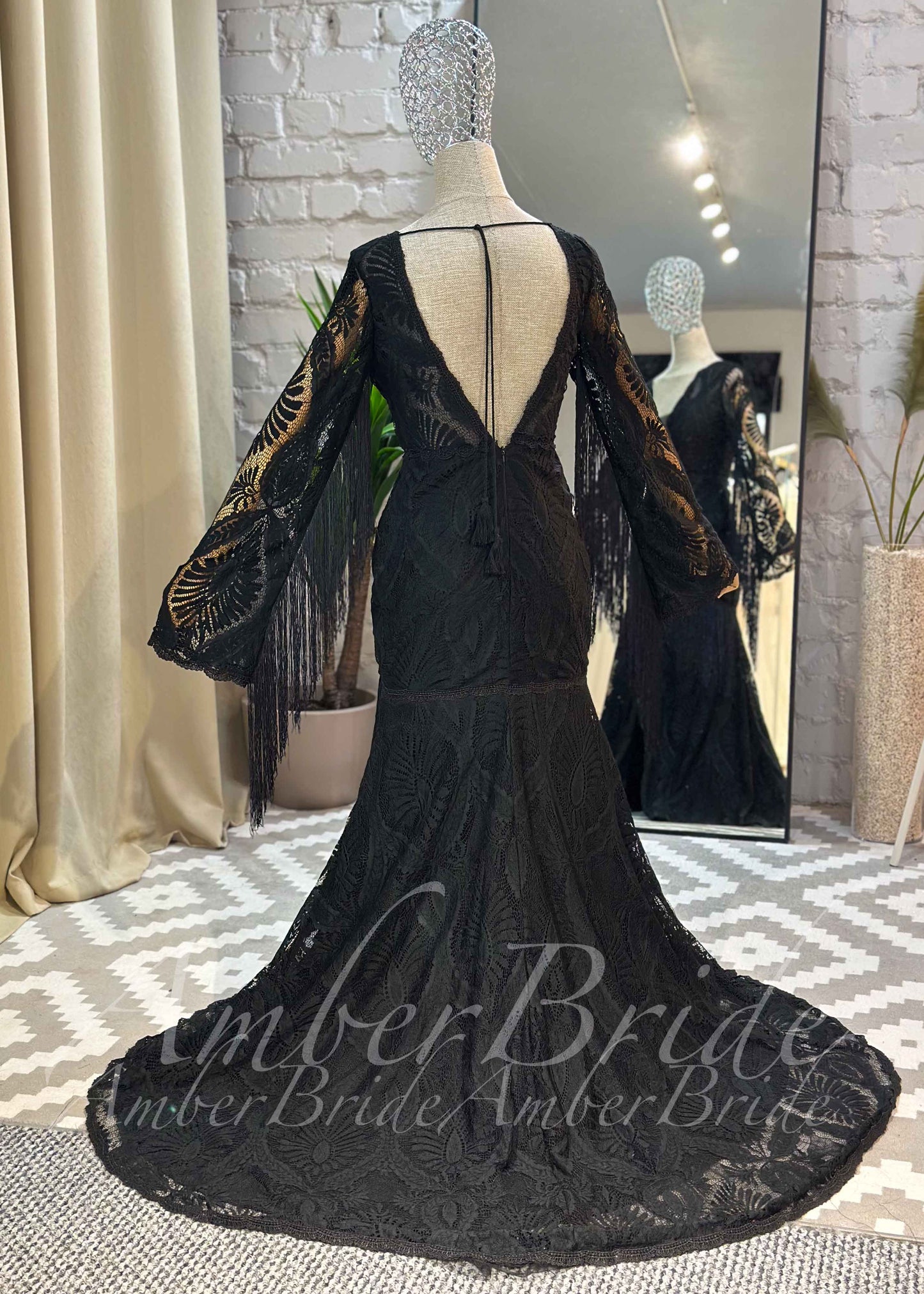 Bohemian Black Lace Wedding Dress with Fringe Sleeves