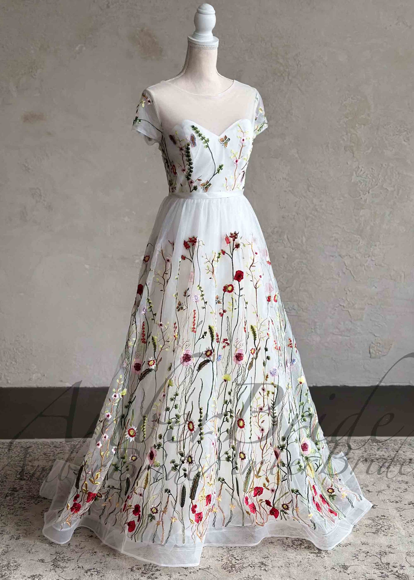 STOCK SELL-OUT: Romantic A-Line Wedding Dress with Colorful Embroidered Flowers