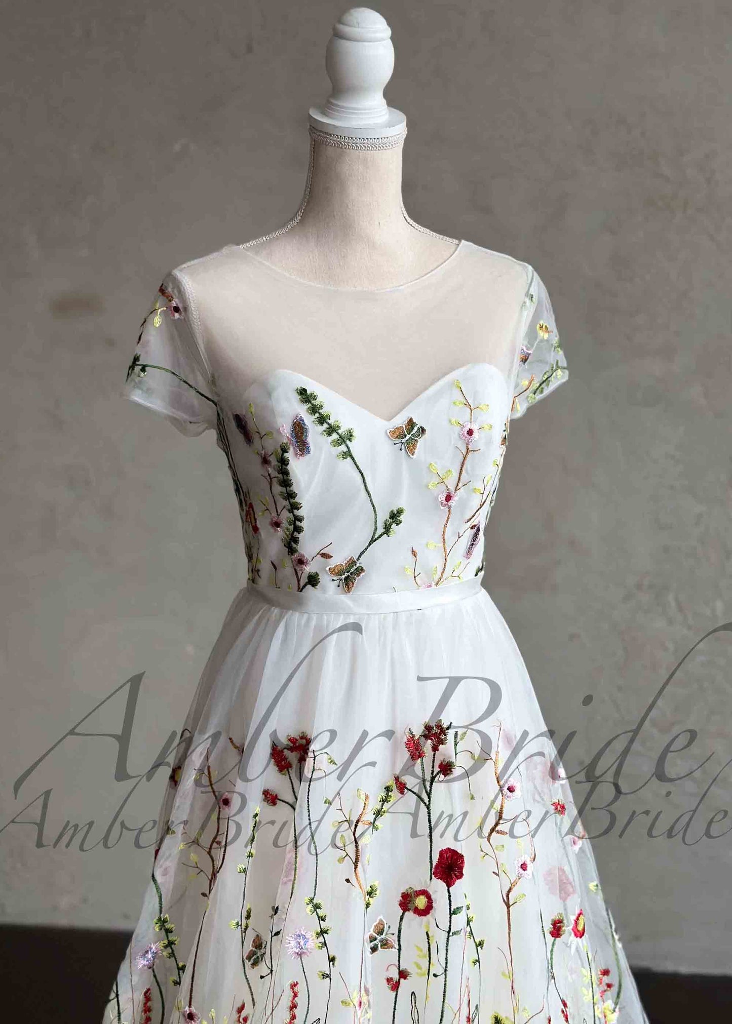STOCK SELL-OUT: Romantic A-Line Wedding Dress with Colorful Embroidered Flowers