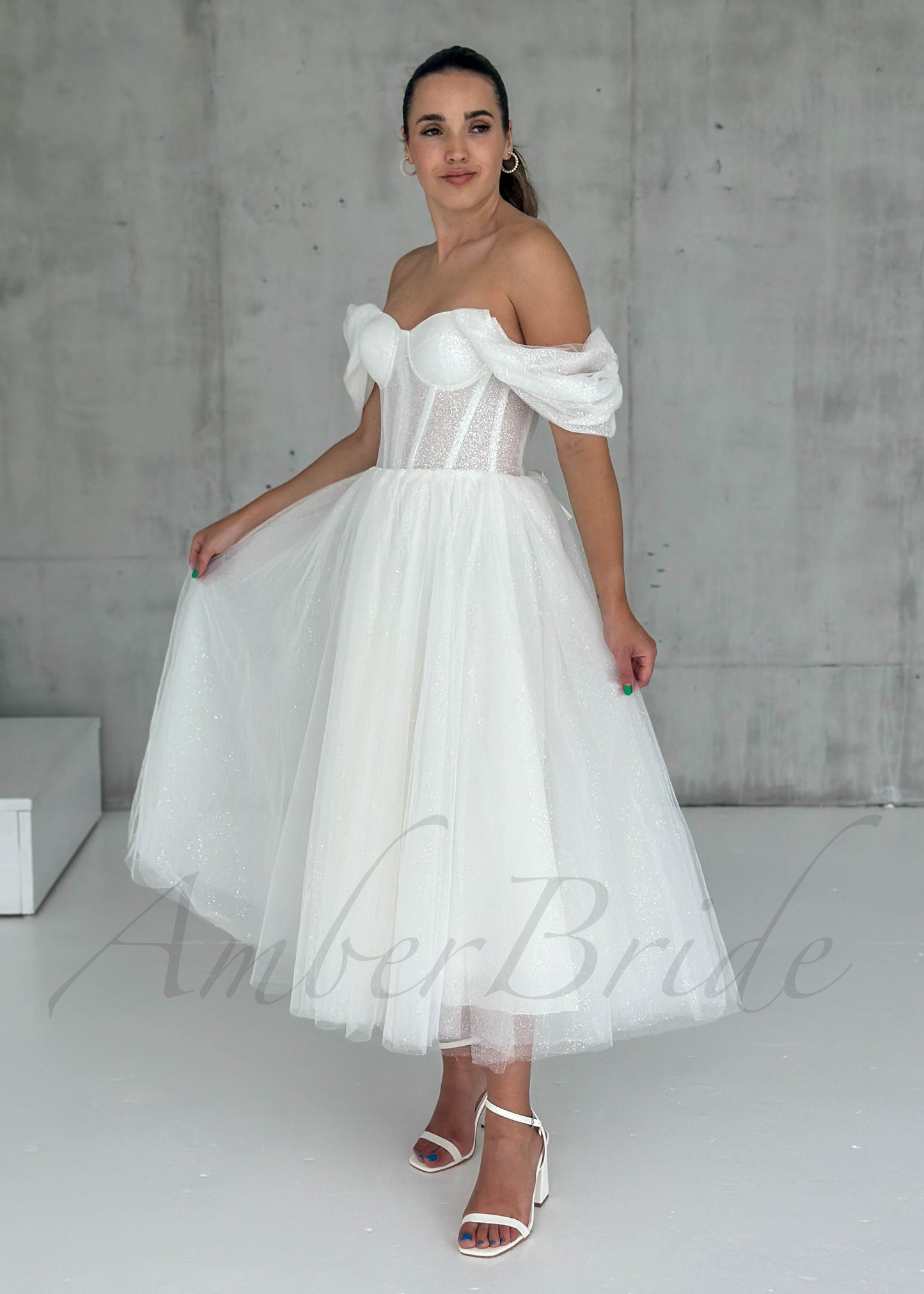 Short Glittery Tulle Off Shoulder Dress with Lace-Up Closure