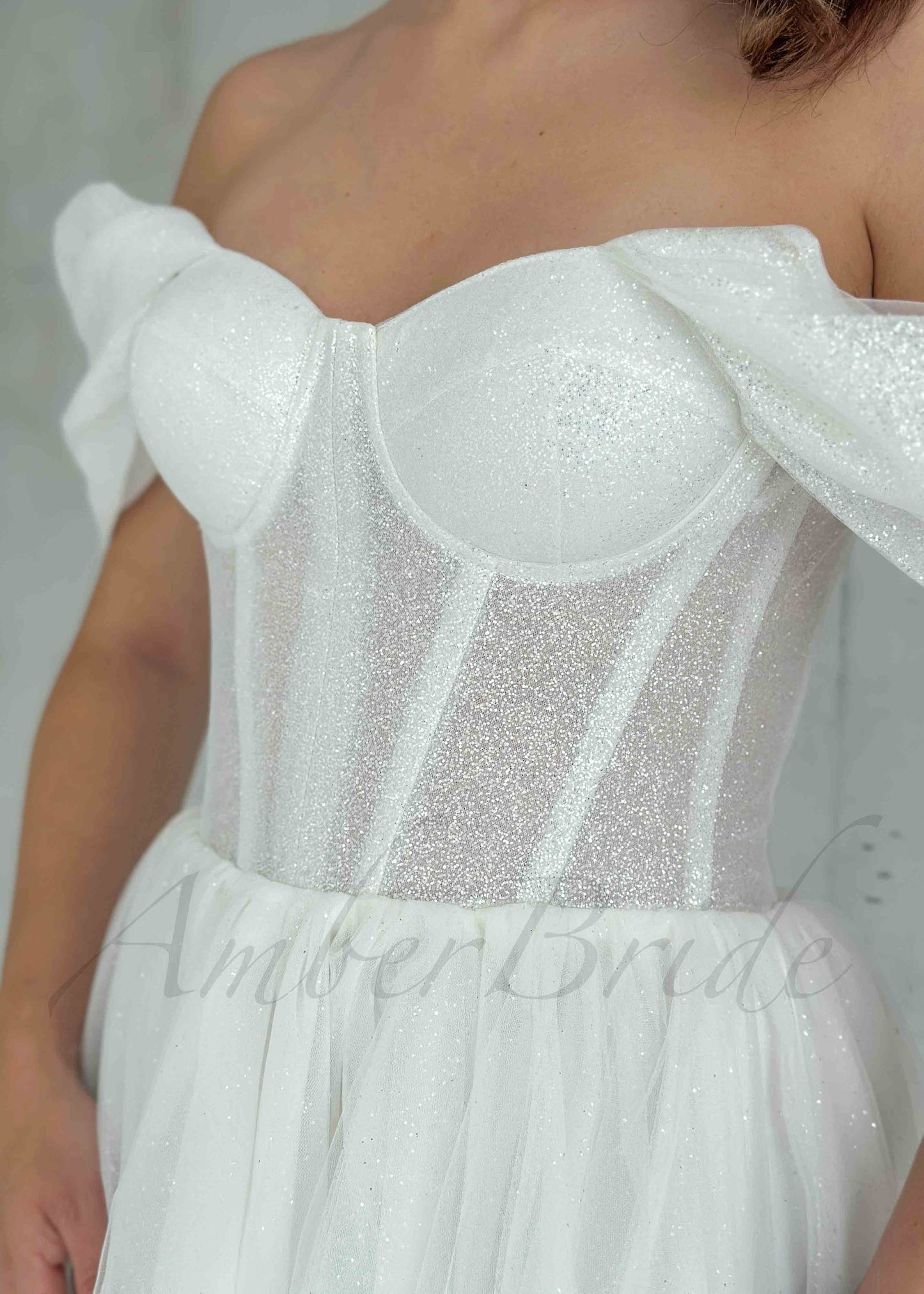 Short Glittery Tulle Off Shoulder Dress with Lace-Up Closure