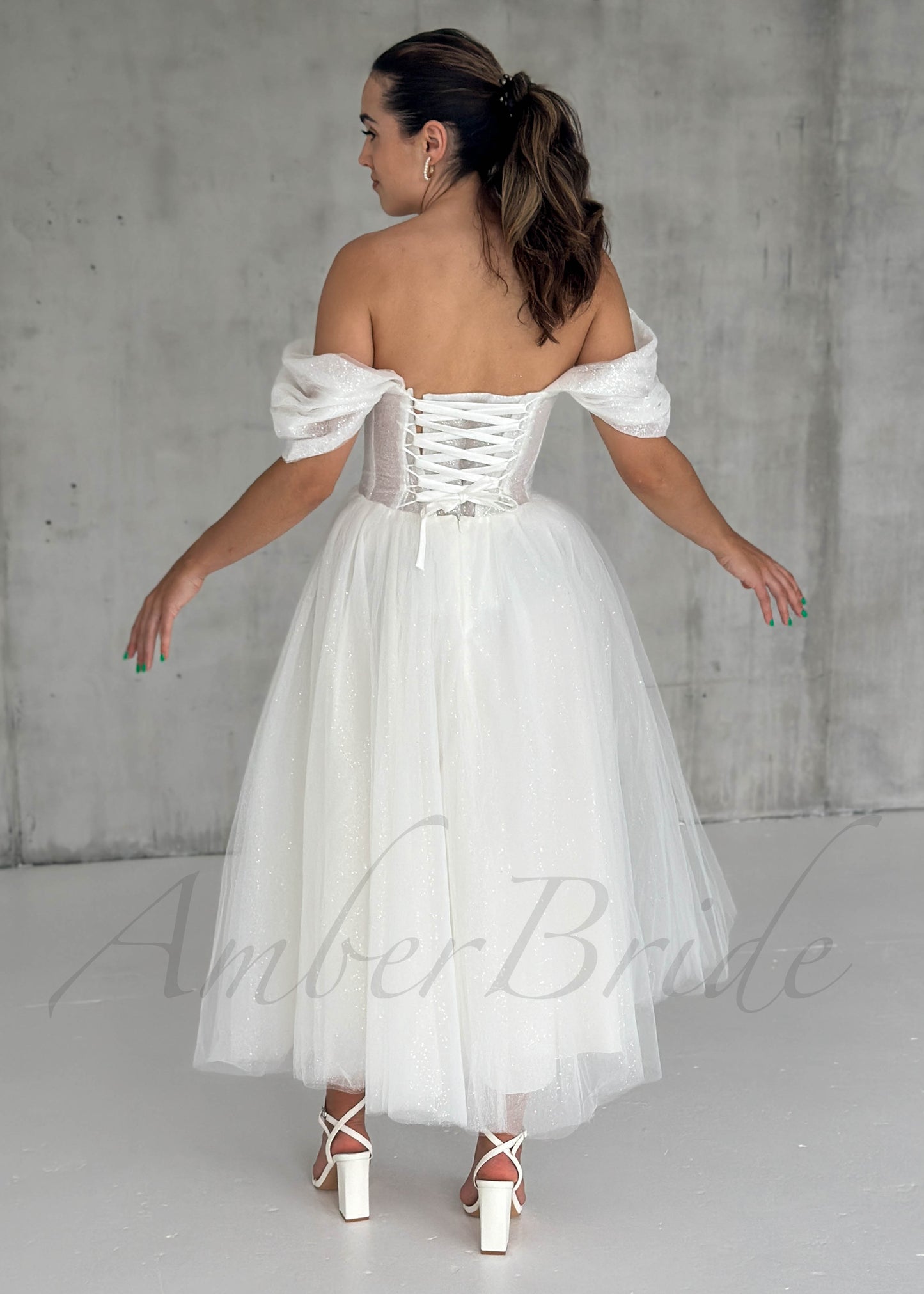 Short Glittery Tulle Off Shoulder Dress with Lace-Up Closure