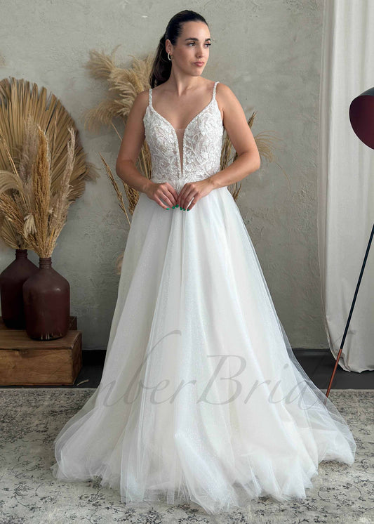 Rustic A Line Glitter Tulle Wedding Dress with Deep V Neck and Backless Design