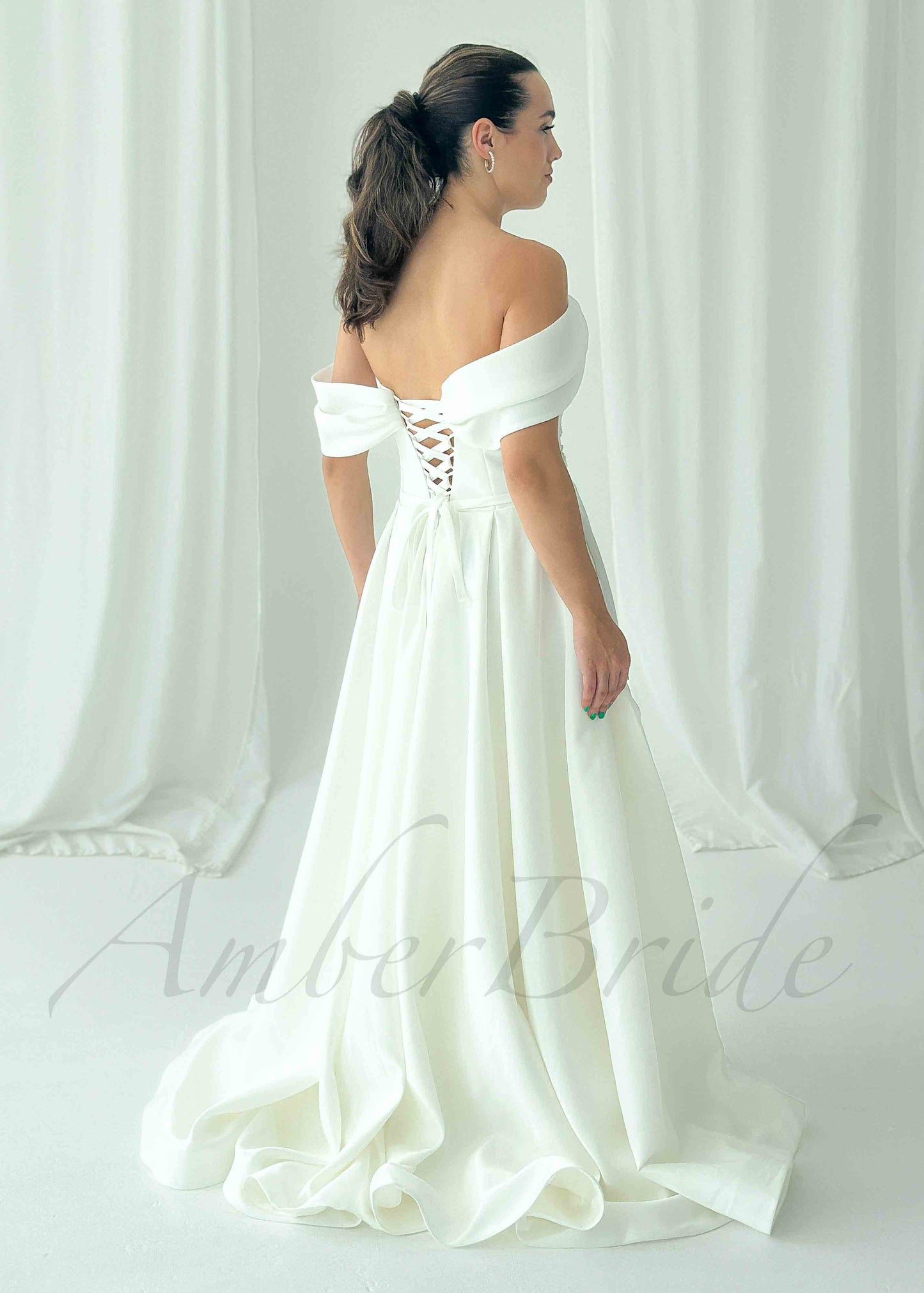 A Line Glitter Satin Wedding Dress with Off Shoulder Design and Floral Appliques