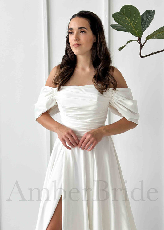 Elegant A Line Satin Wedding Dress with Off Shoulder Design