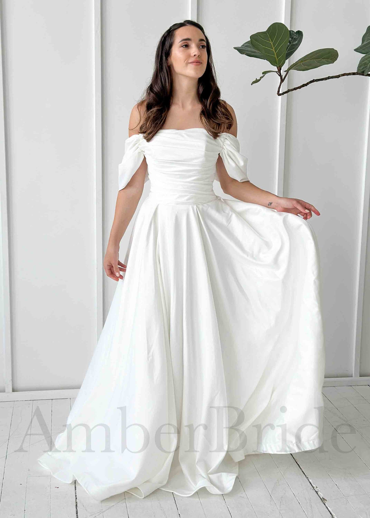 Elegant A Line Satin Wedding Dress with Off Shoulder Design