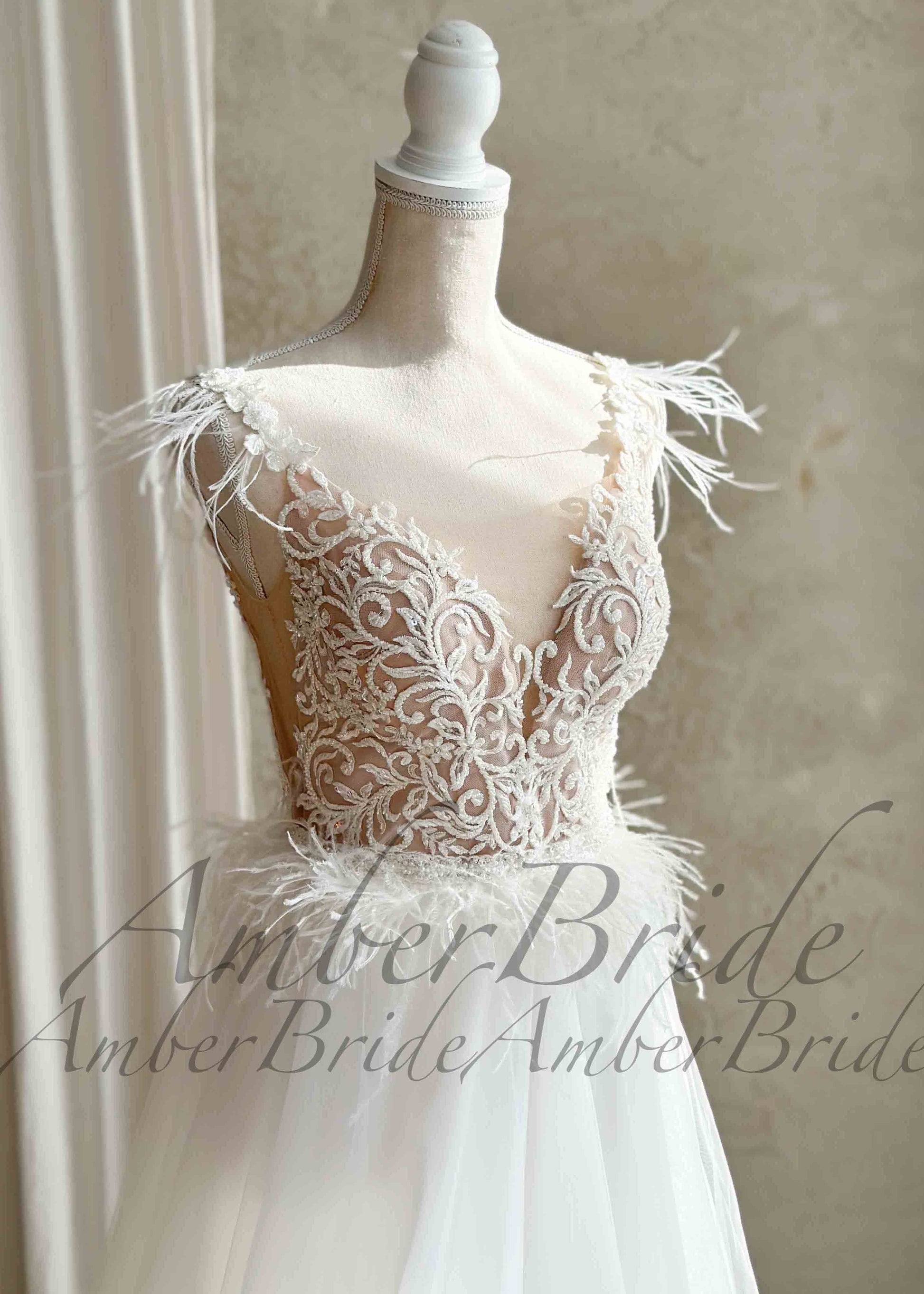 STOCK SELL-OUT: Boho A-Line Wedding Dress with Floral Appliques and Feather-Adorned Straps