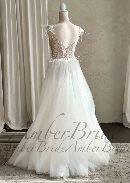 STOCK SELL-OUT: Boho A-Line Wedding Dress with Floral Appliques and Feather-Adorned Straps