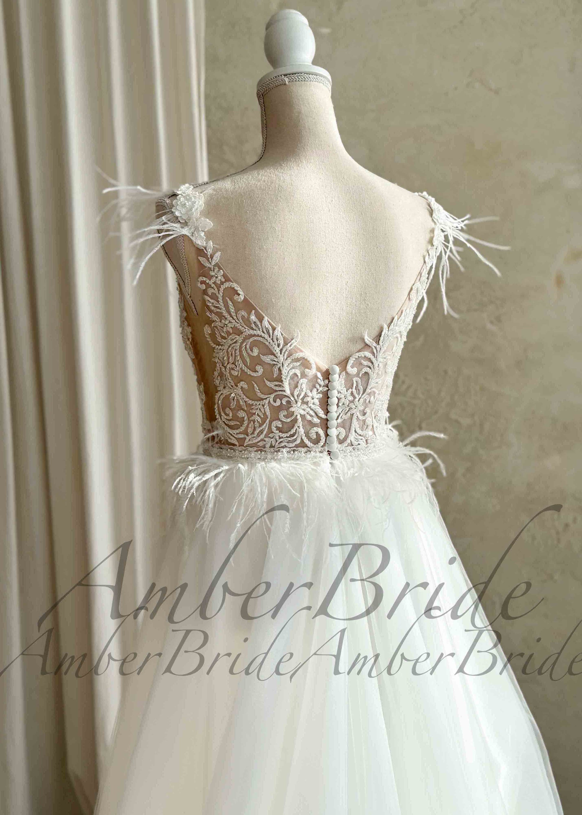 STOCK SELL-OUT: Boho A-Line Wedding Dress with Floral Appliques and Feather-Adorned Straps