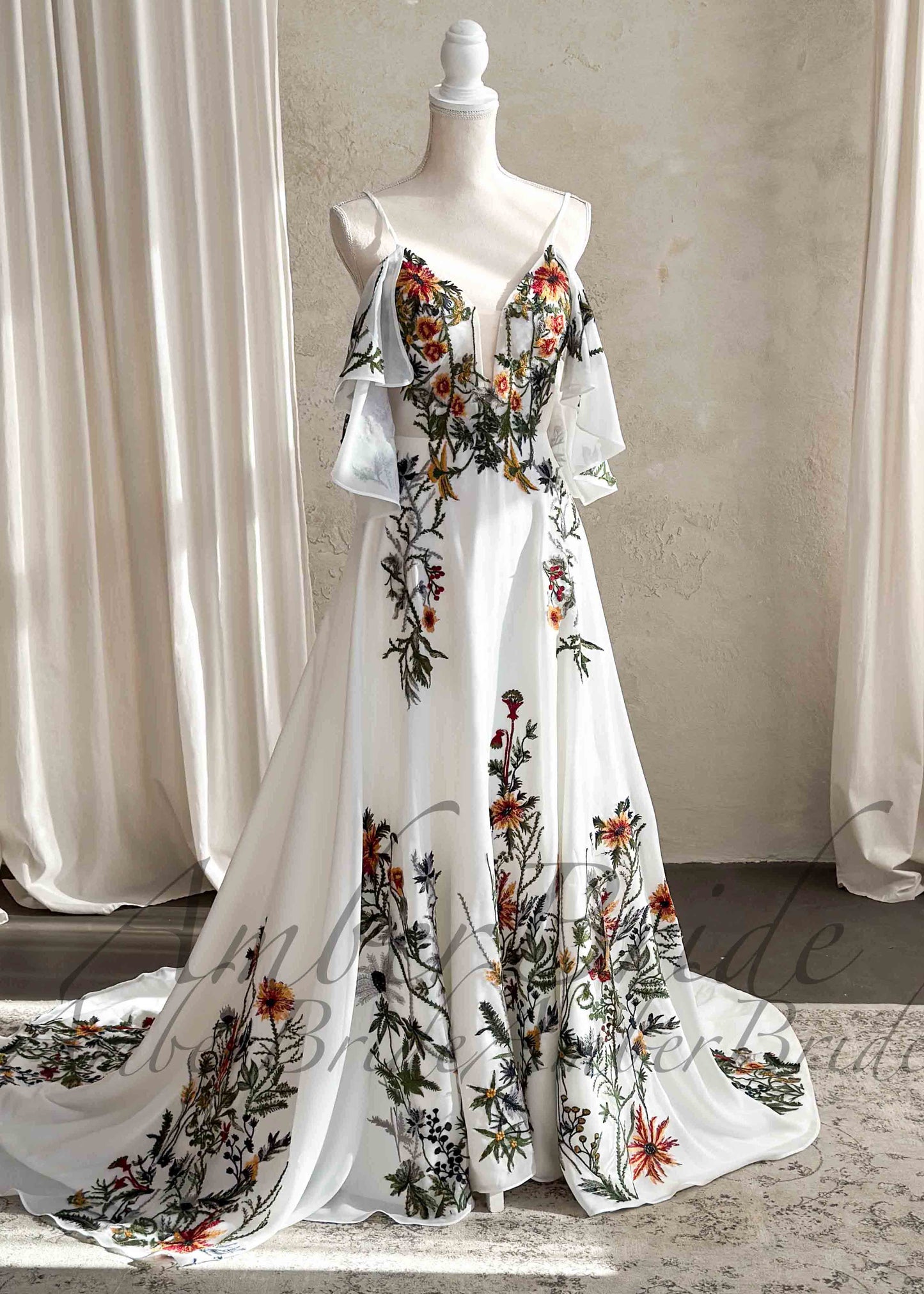 STOCK SELL-OUT: Colorful Floral A-Line Wedding Dress with Detachable Off-Shoulder Sleeves