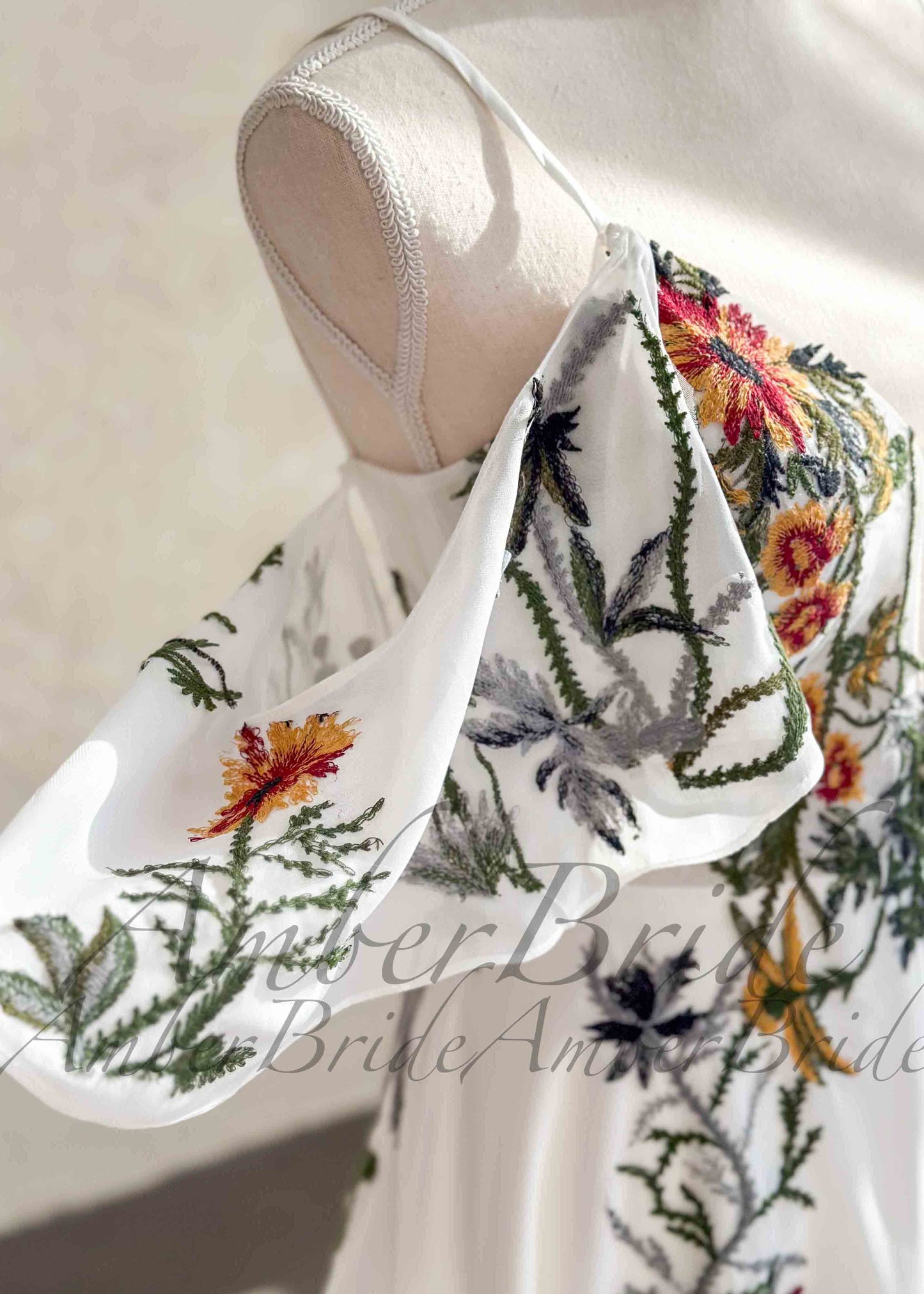 STOCK SELL-OUT: Colorful Floral A-Line Wedding Dress with Detachable Off-Shoulder Sleeves