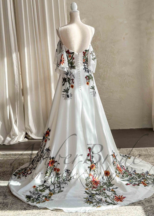 STOCK SELL-OUT: Colorful Floral A-Line Wedding Dress with Detachable Off-Shoulder Sleeves