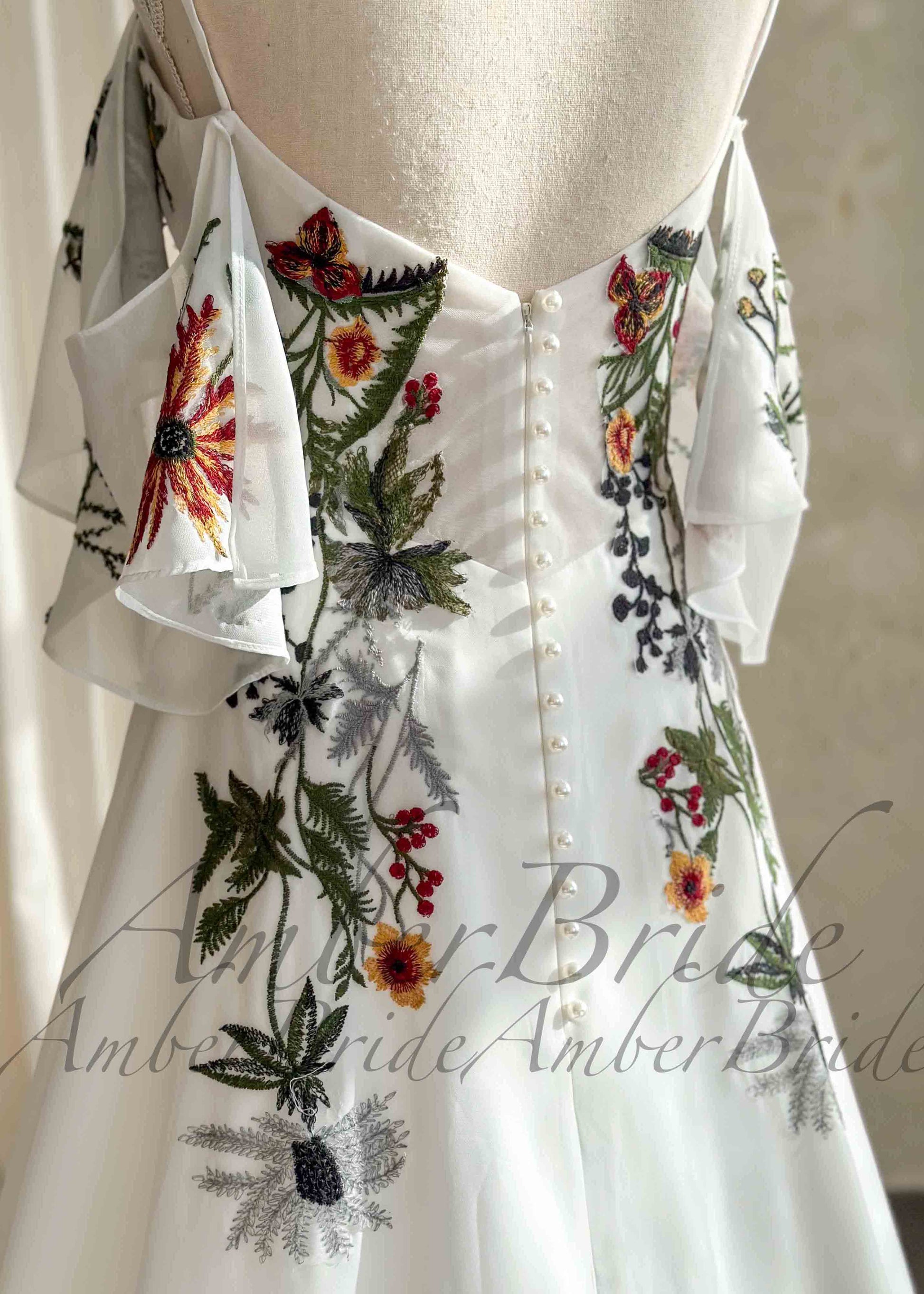 STOCK SELL-OUT: Colorful Floral A-Line Wedding Dress with Detachable Off-Shoulder Sleeves