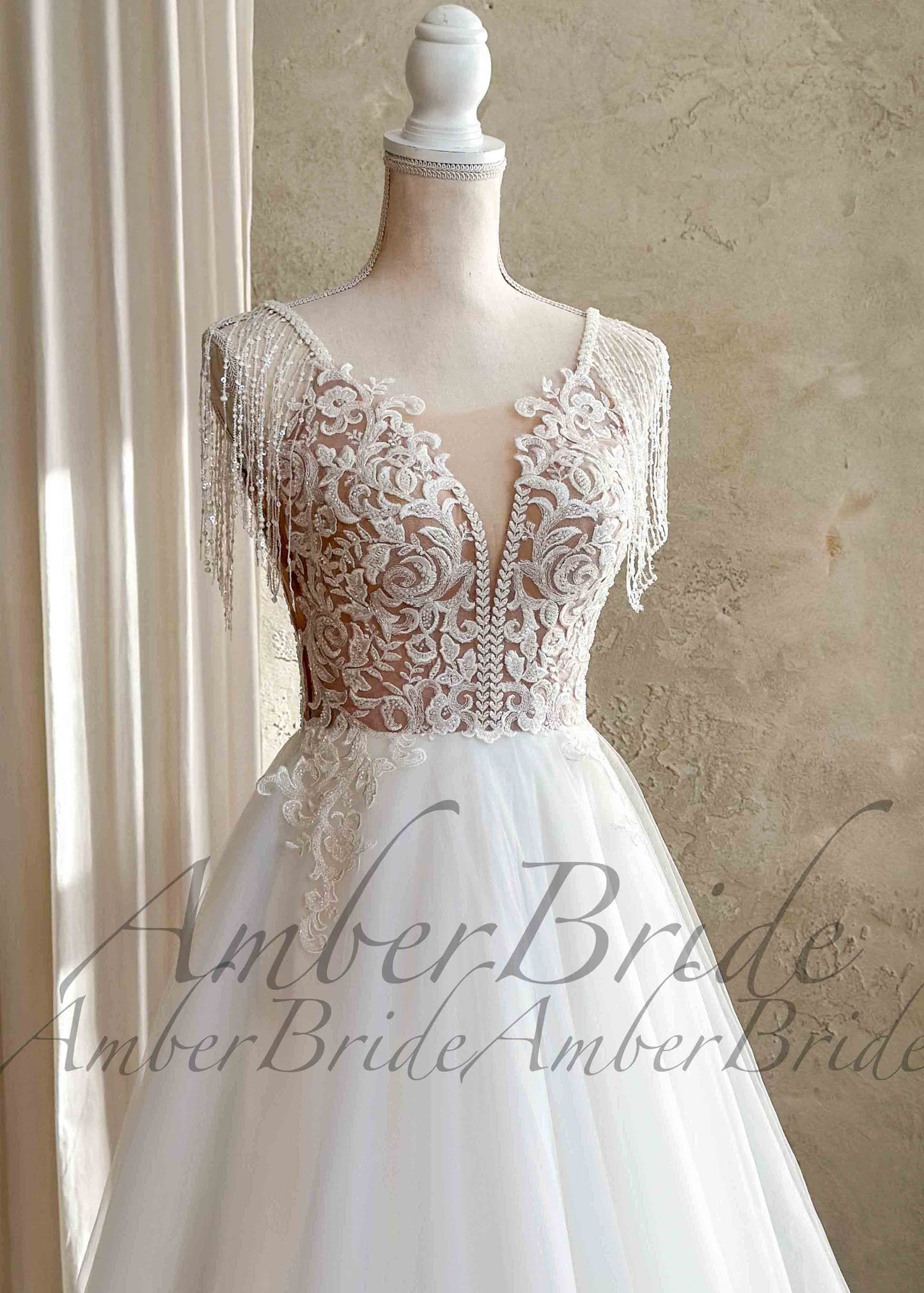 Boho A-Line Wedding Dress with Floral Appliques and Tassel Straps
