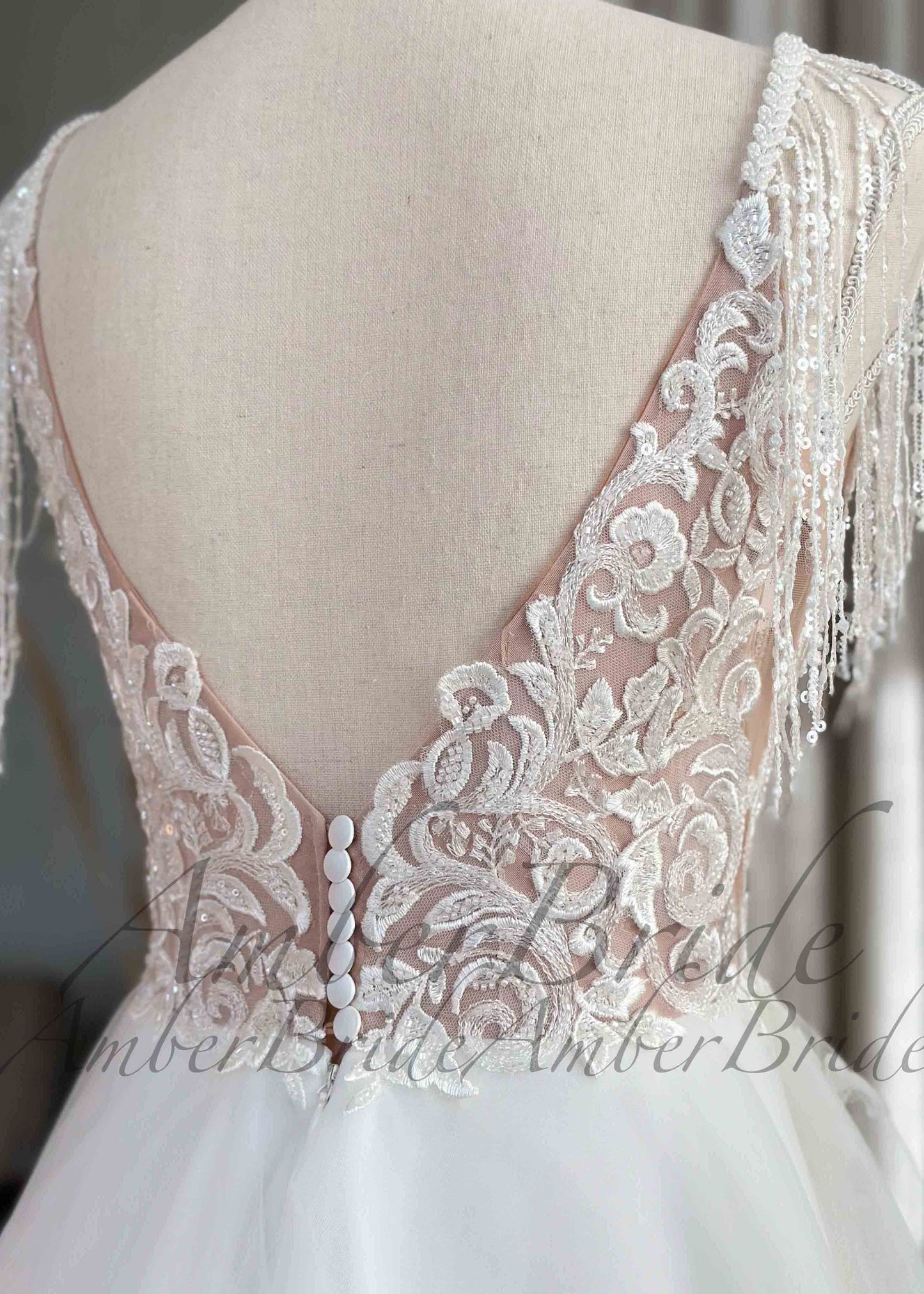 Boho A-Line Wedding Dress with Floral Appliques and Tassel Straps