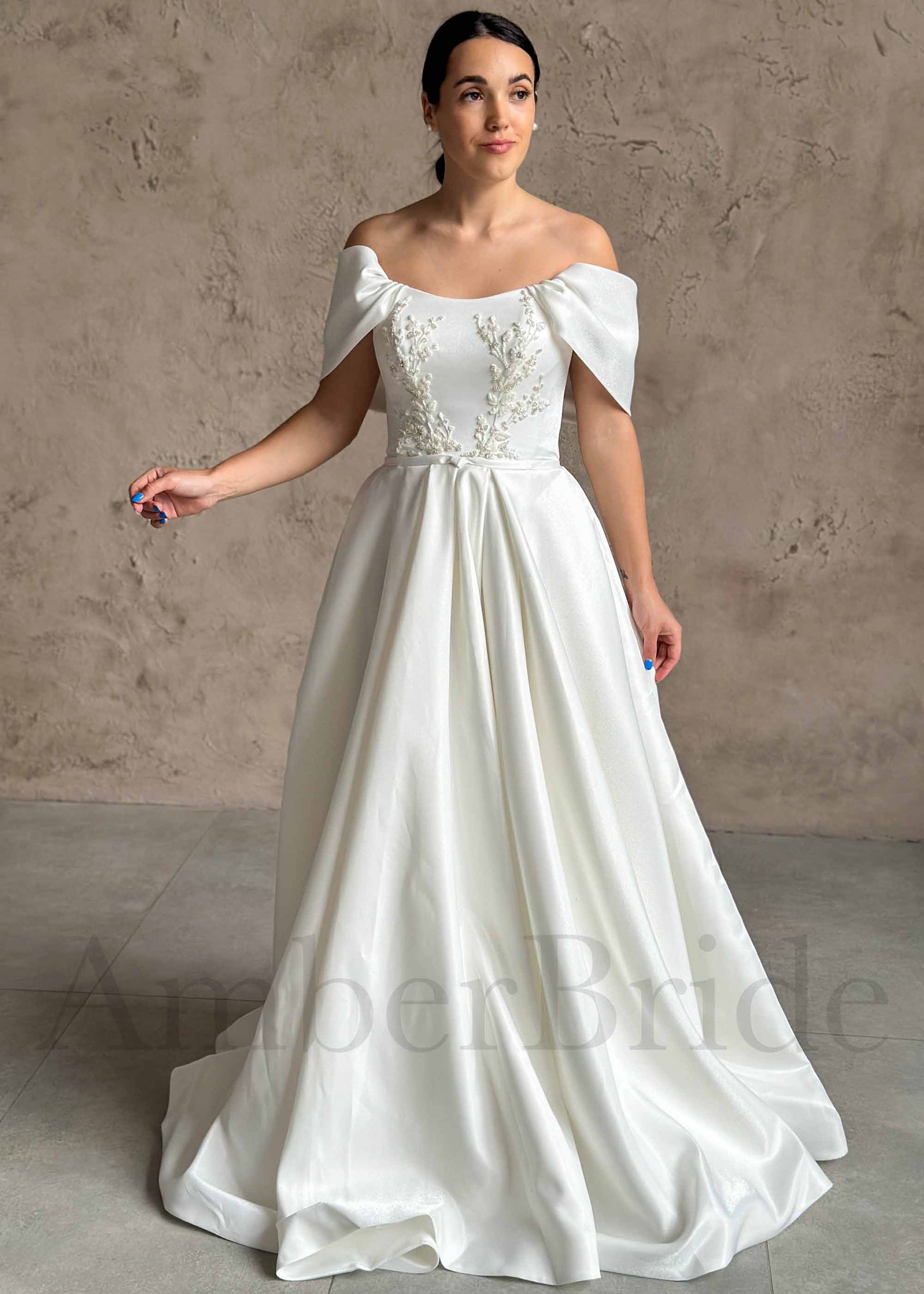 A Line Glitter Satin Wedding Dress with Off Shoulder Design and Floral Appliques