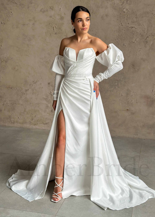 Exquisite Satin Wedding Dress with Overskirt and Bishop Sleeves