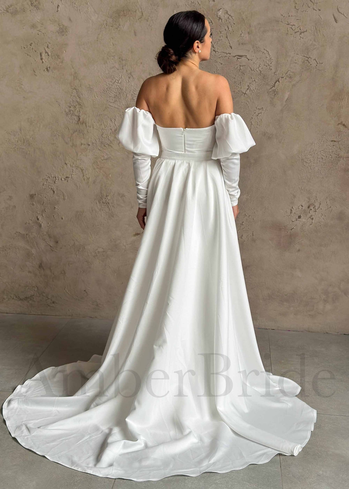 Exquisite Satin Wedding Dress with Overskirt and Bishop Sleeves