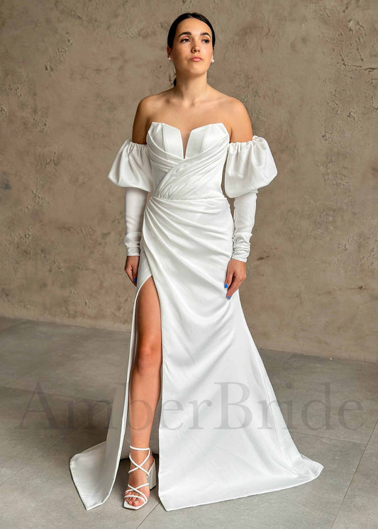 Exquisite Satin Wedding Dress with Overskirt and Bishop Sleeves