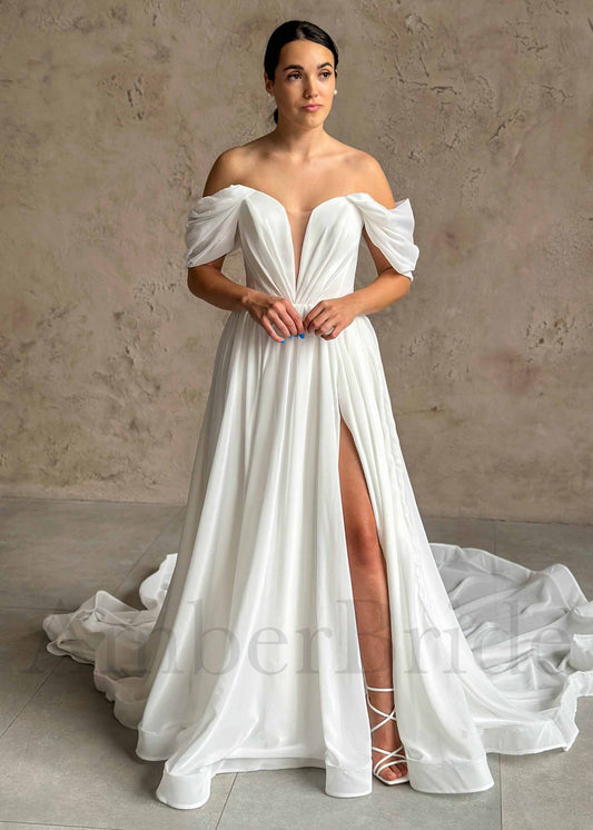 Elegant A Line Chiffon Wedding Dress with Off Shoulder Deep V Neckline