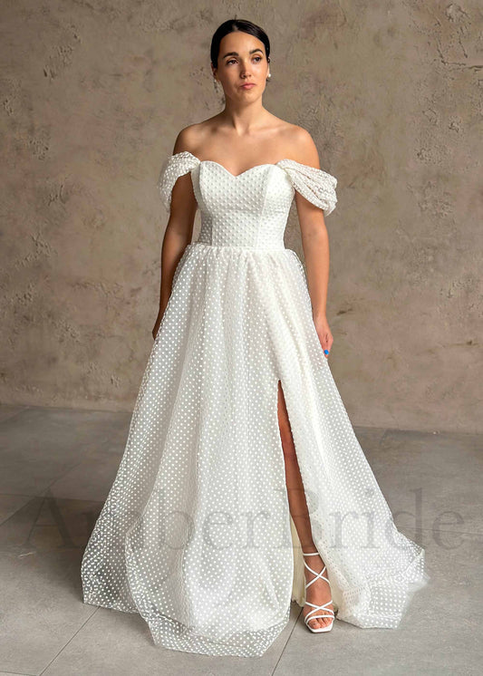 Elegant A Line Tulle Wedding Dress with Polka Dot and Off Shoulder Design