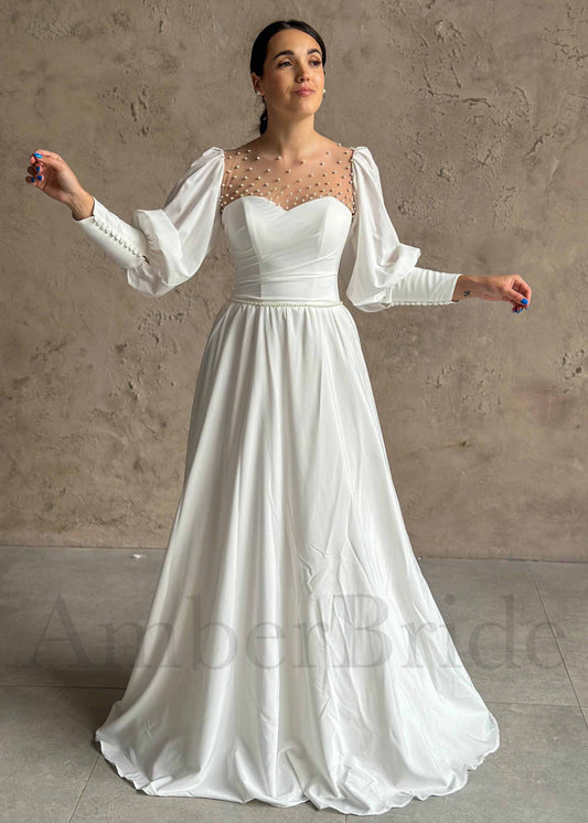 Exquisite A Line Satin Wedding Dress with Bishop Sleeves and Illusion Pearls Design
