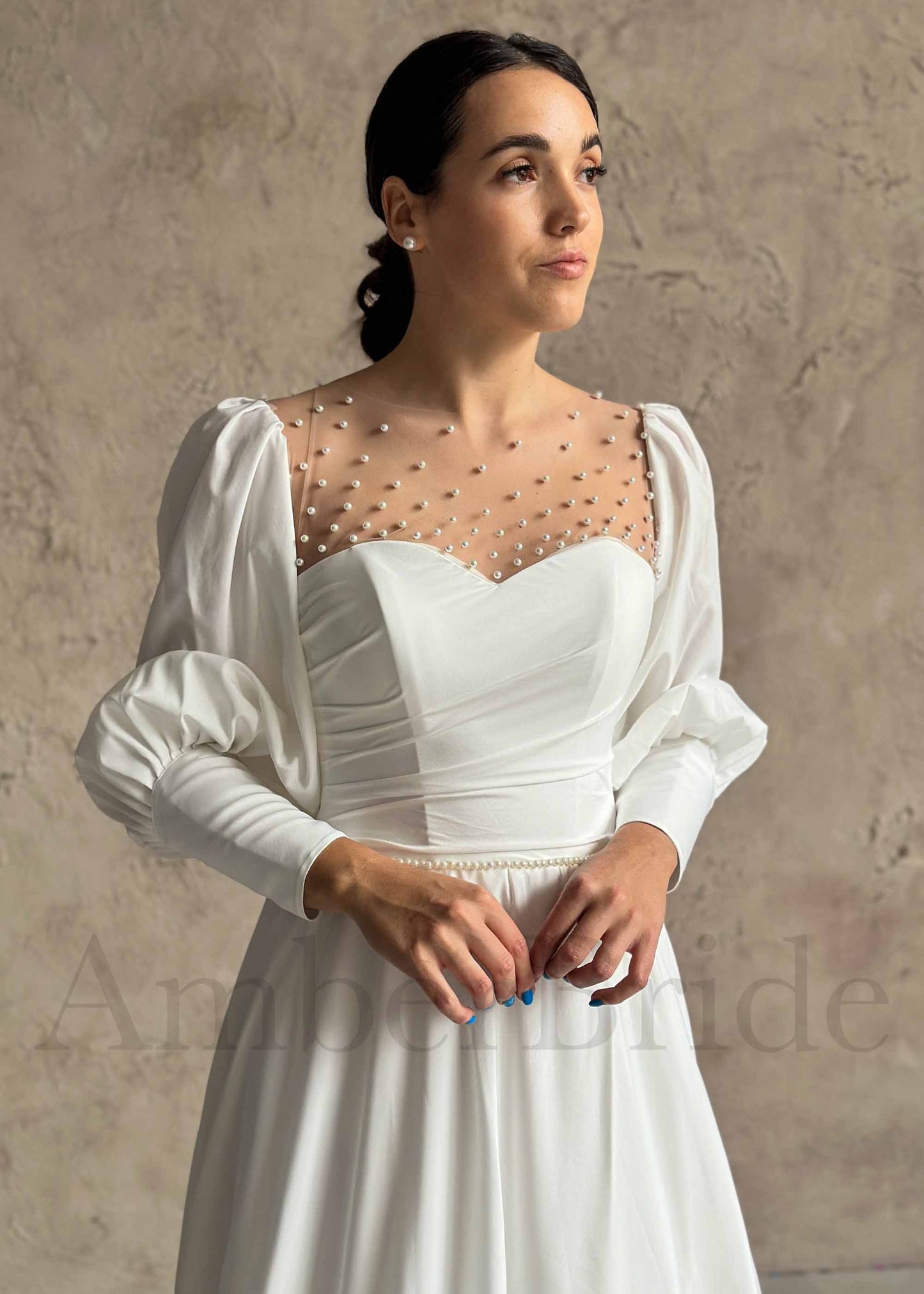 Exquisite A Line Satin Wedding Dress with Bishop Sleeves and Illusion Pearls Design