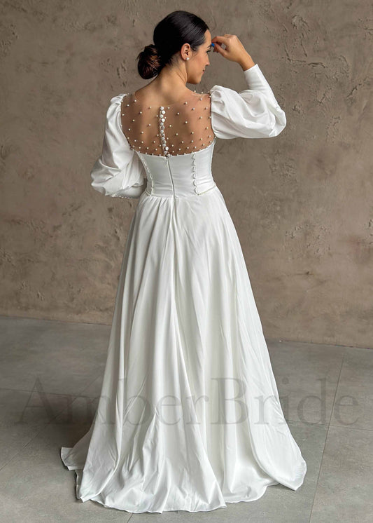 Exquisite A Line Satin Wedding Dress with Bishop Sleeves and Illusion Pearls Design