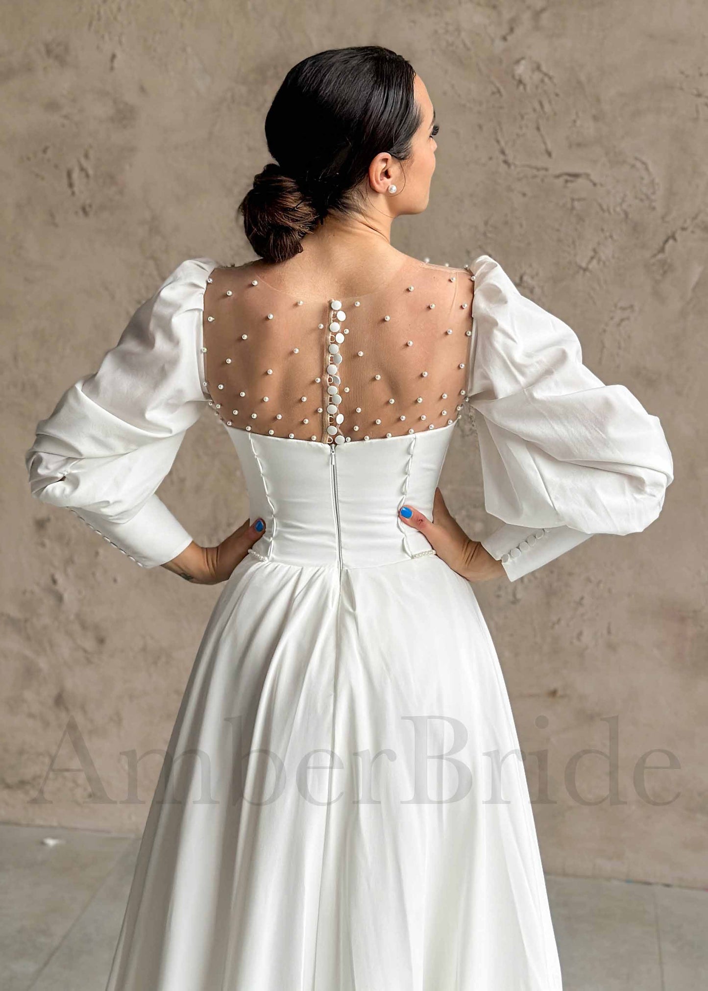 Exquisite A Line Satin Wedding Dress with Bishop Sleeves and Illusion Pearls Design