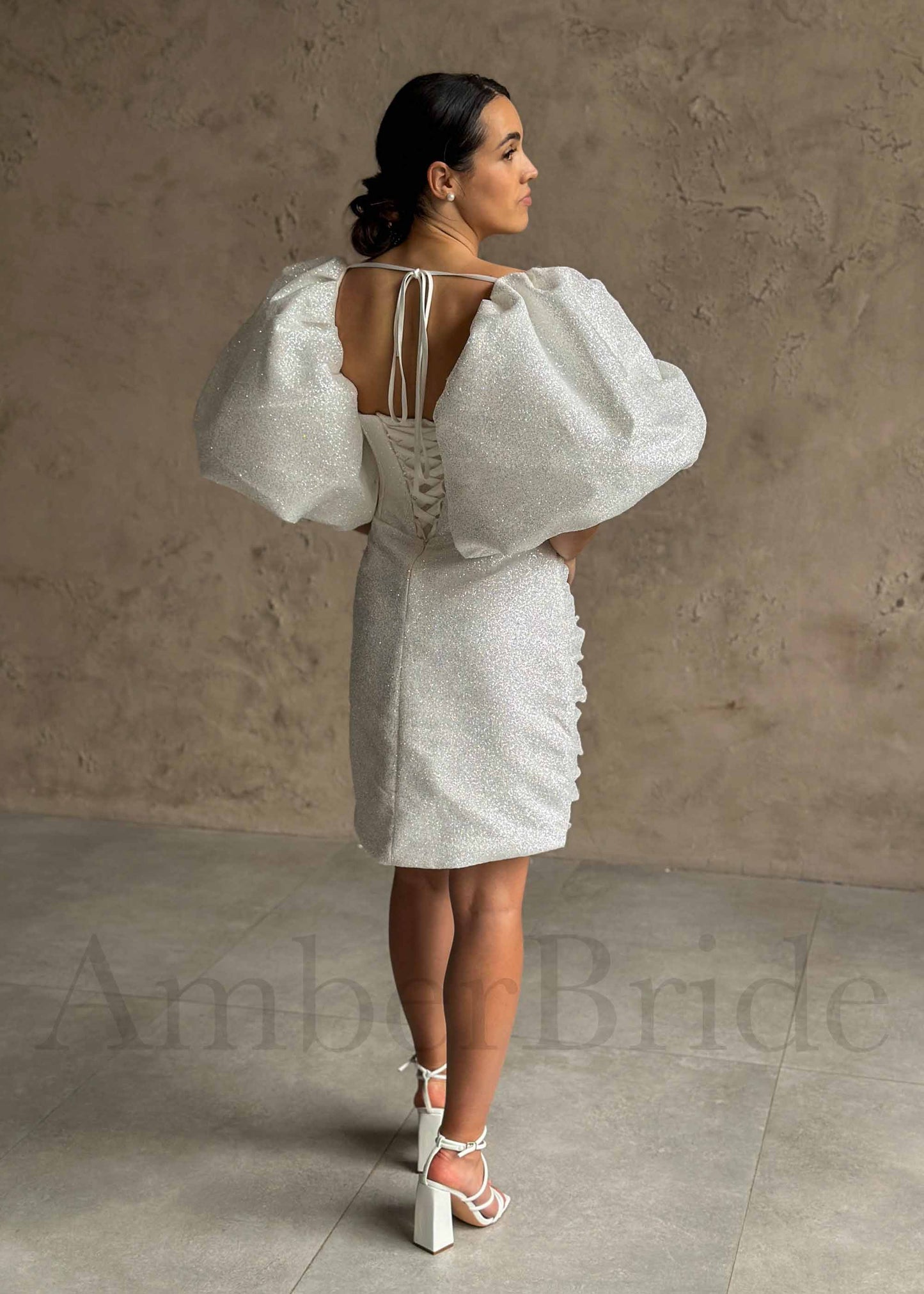 Exquisite Glitter Organza Short Dress with Overskirt and Detachable Puffy Half Sleeves
