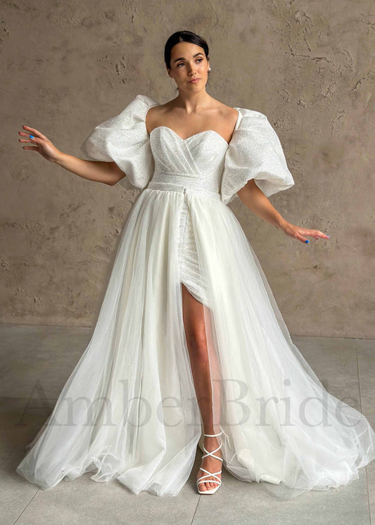 Exquisite Glitter Organza Short Dress with Overskirt and Detachable Puffy Half Sleeves