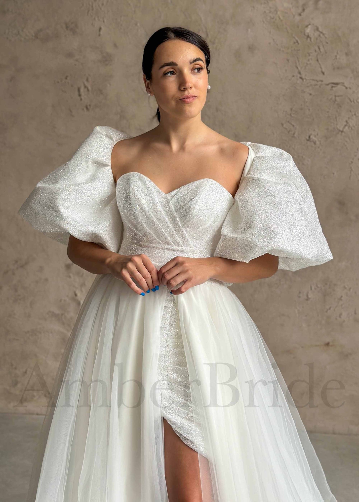 Exquisite Glitter Organza Short Dress with Overskirt and Detachable Puffy Half Sleeves