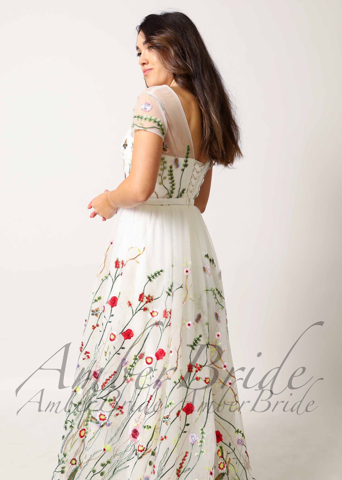 STOCK SELL-OUT: Romantic A-Line Wedding Dress with Colorful Embroidered Flowers