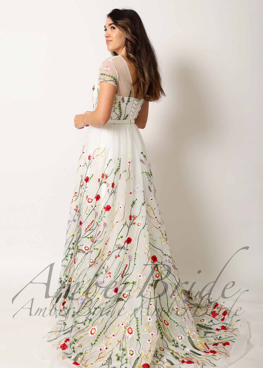 STOCK SELL-OUT: Romantic A-Line Wedding Dress with Colorful Embroidered Flowers