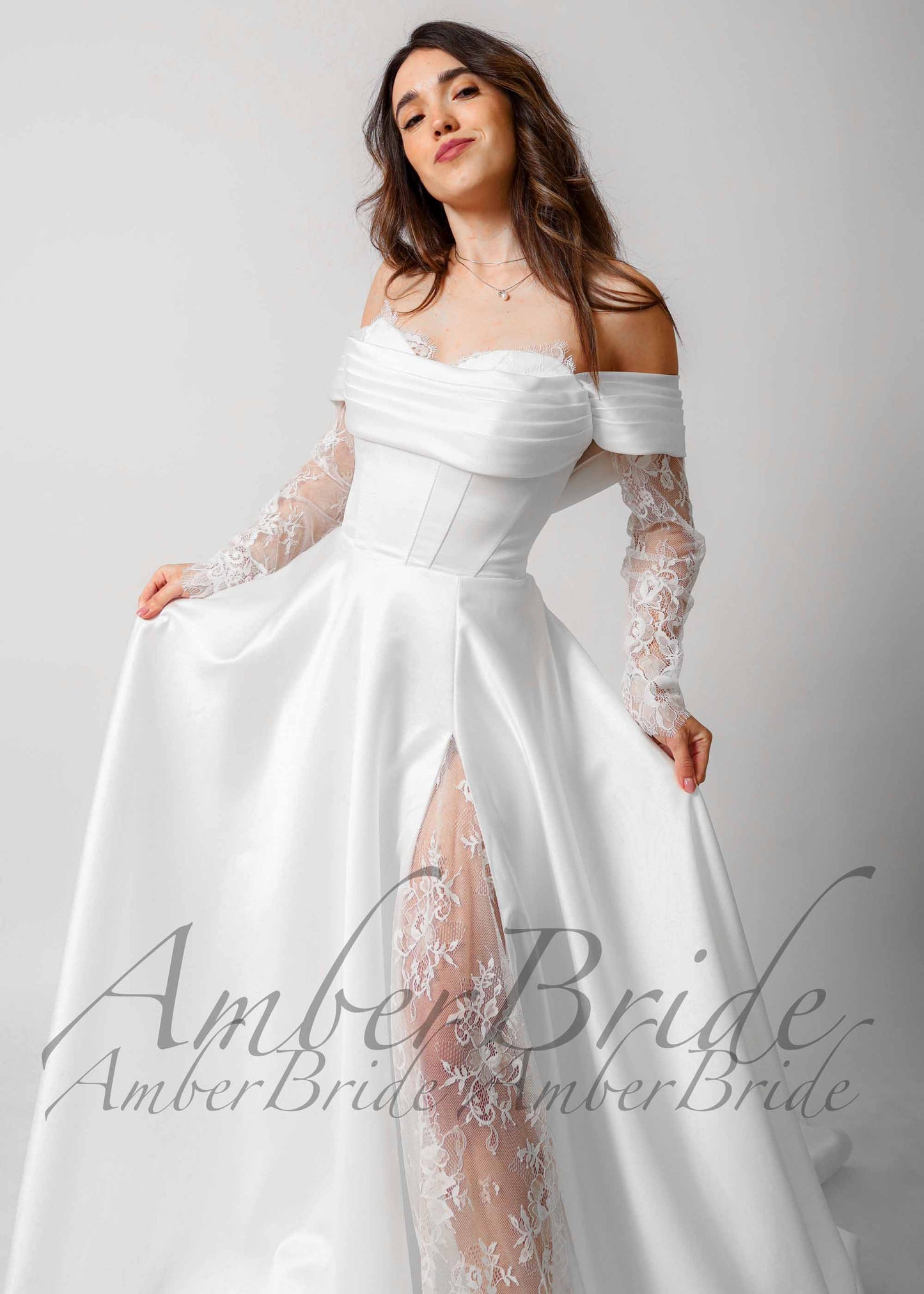 Elegant Satin A-Line Wedding Dress with Off-Shoulder and Sheer Lace Sleeves