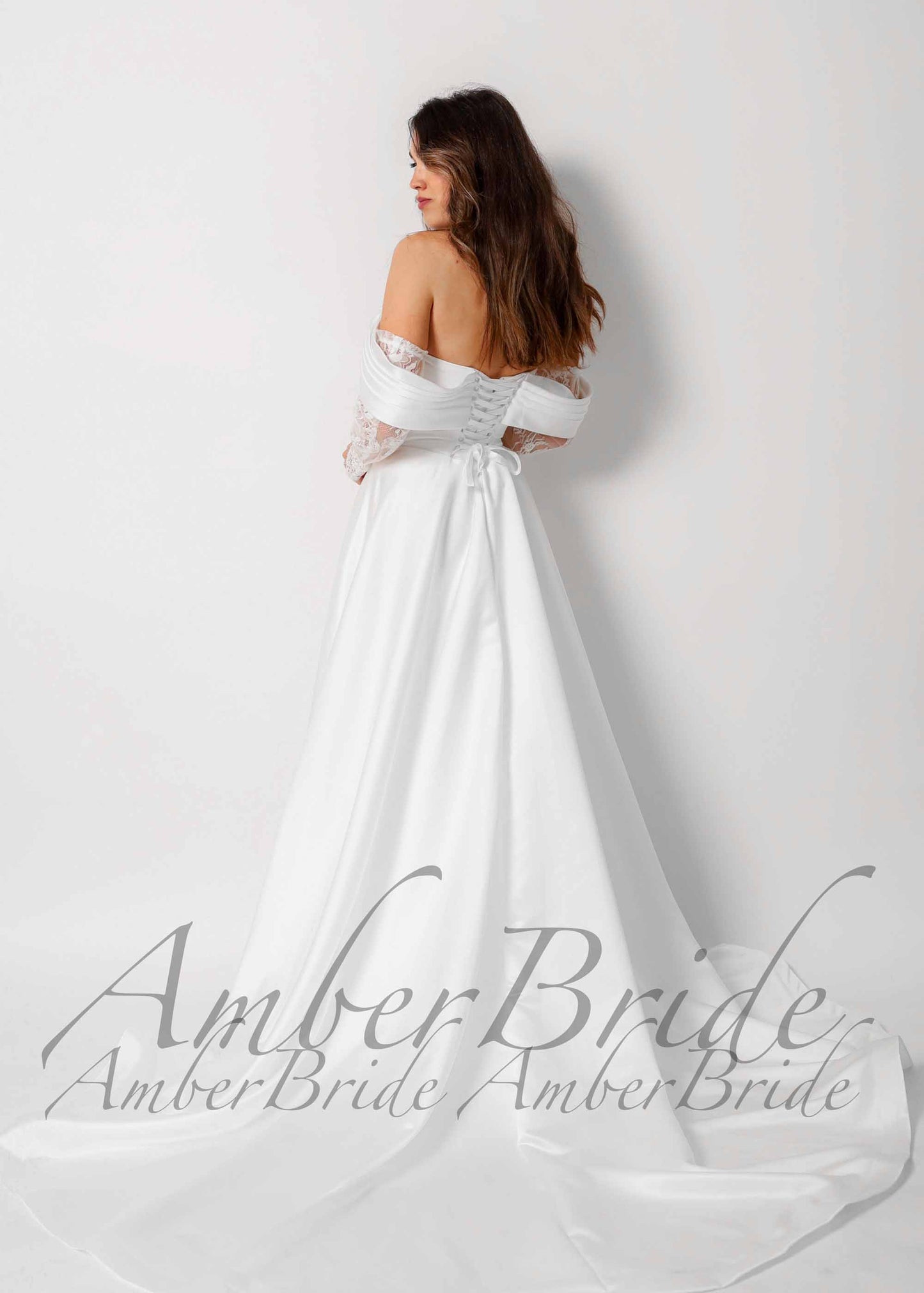 Elegant Satin A-Line Wedding Dress with Off-Shoulder and Sheer Lace Sleeves