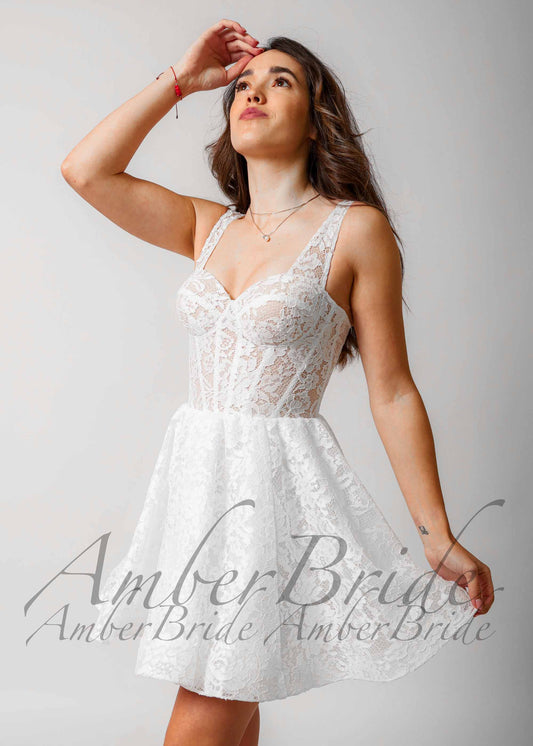 Knee-Length Lace Wedding Reception Dress with Sweetheart Neckline – bodice detail | AmberBride