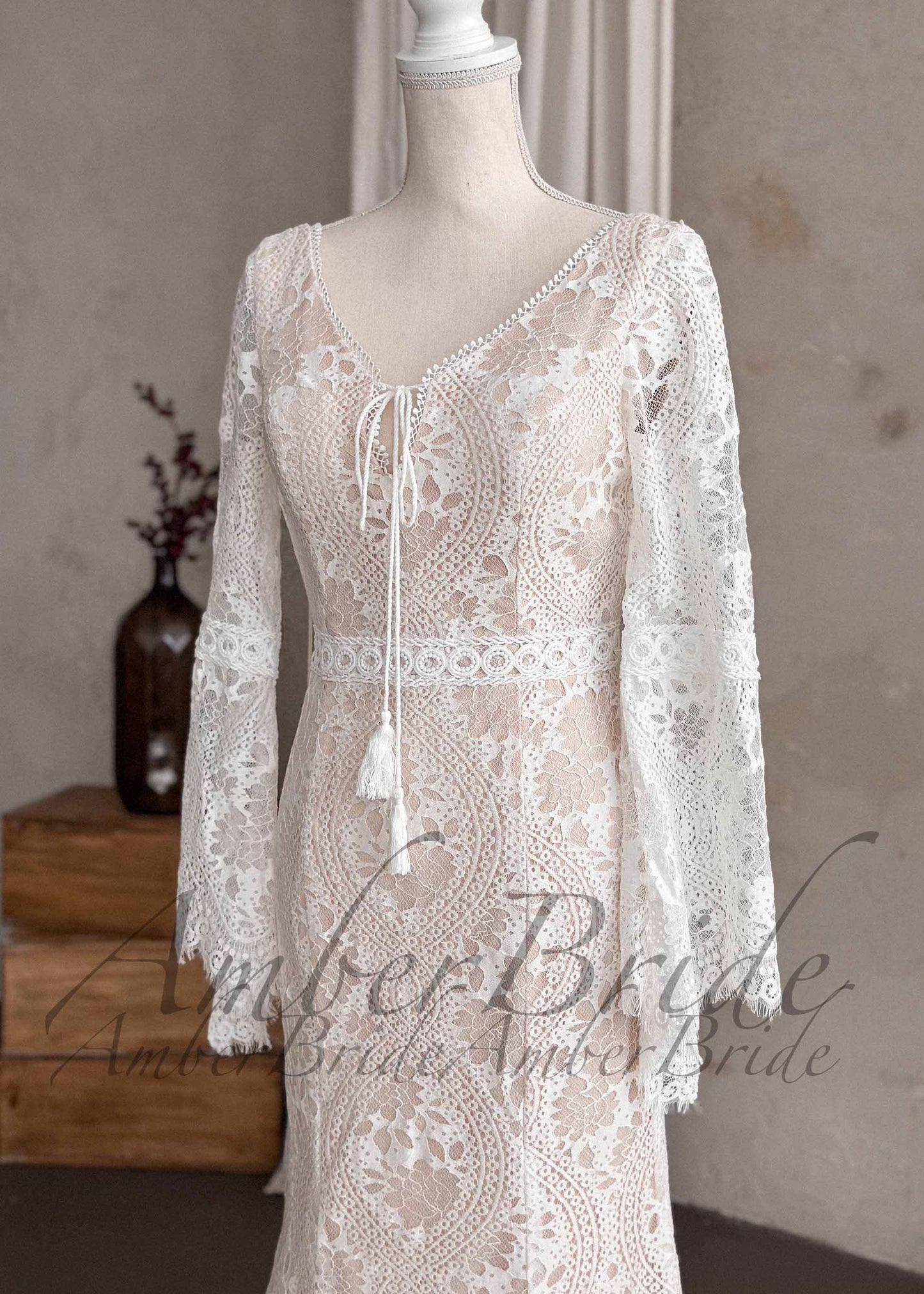Boho Lace Mermaid Wedding Dress with Bell Sleeves and Open Back