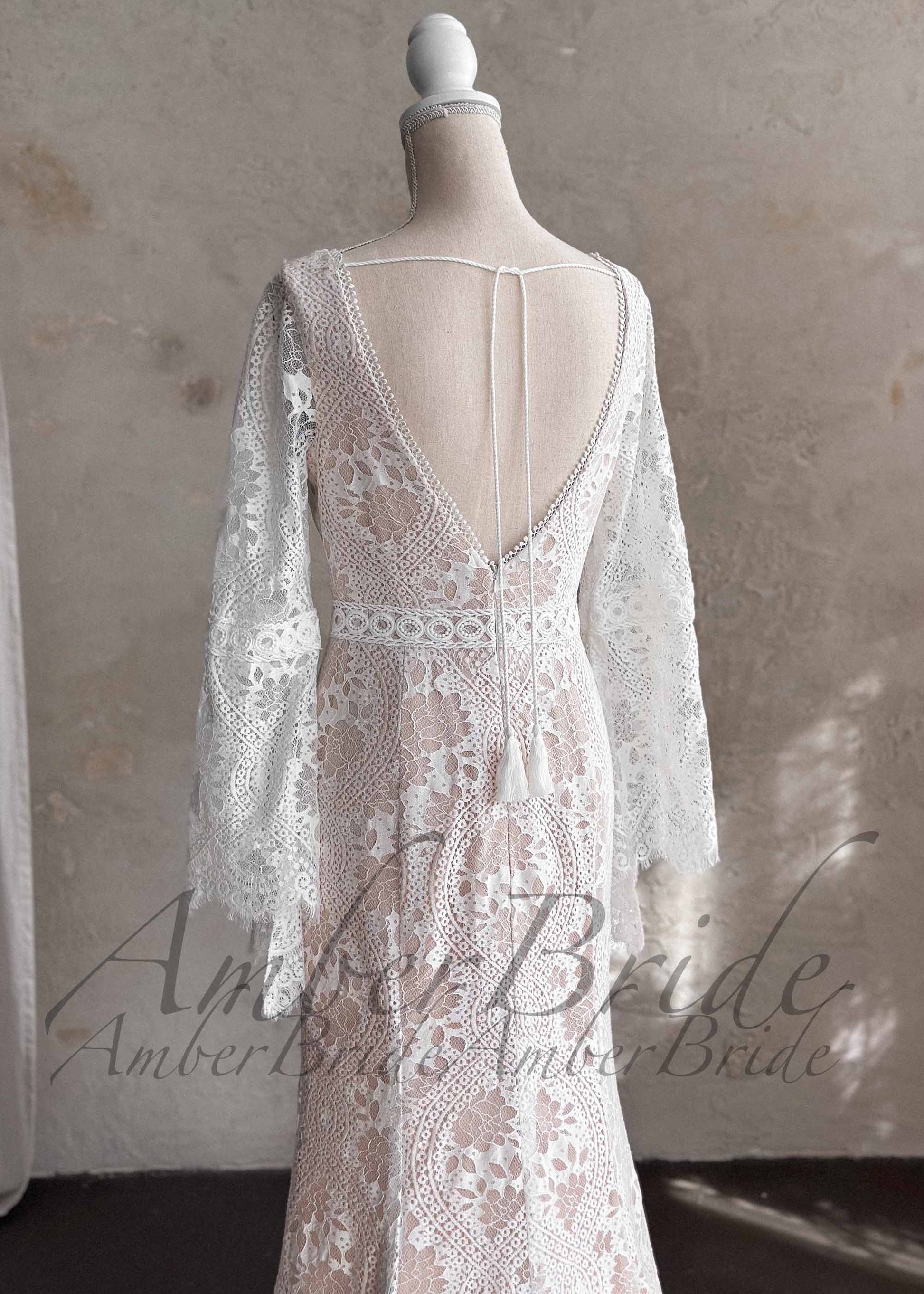 Boho Lace Mermaid Wedding Dress with Bell Sleeves and Open Back