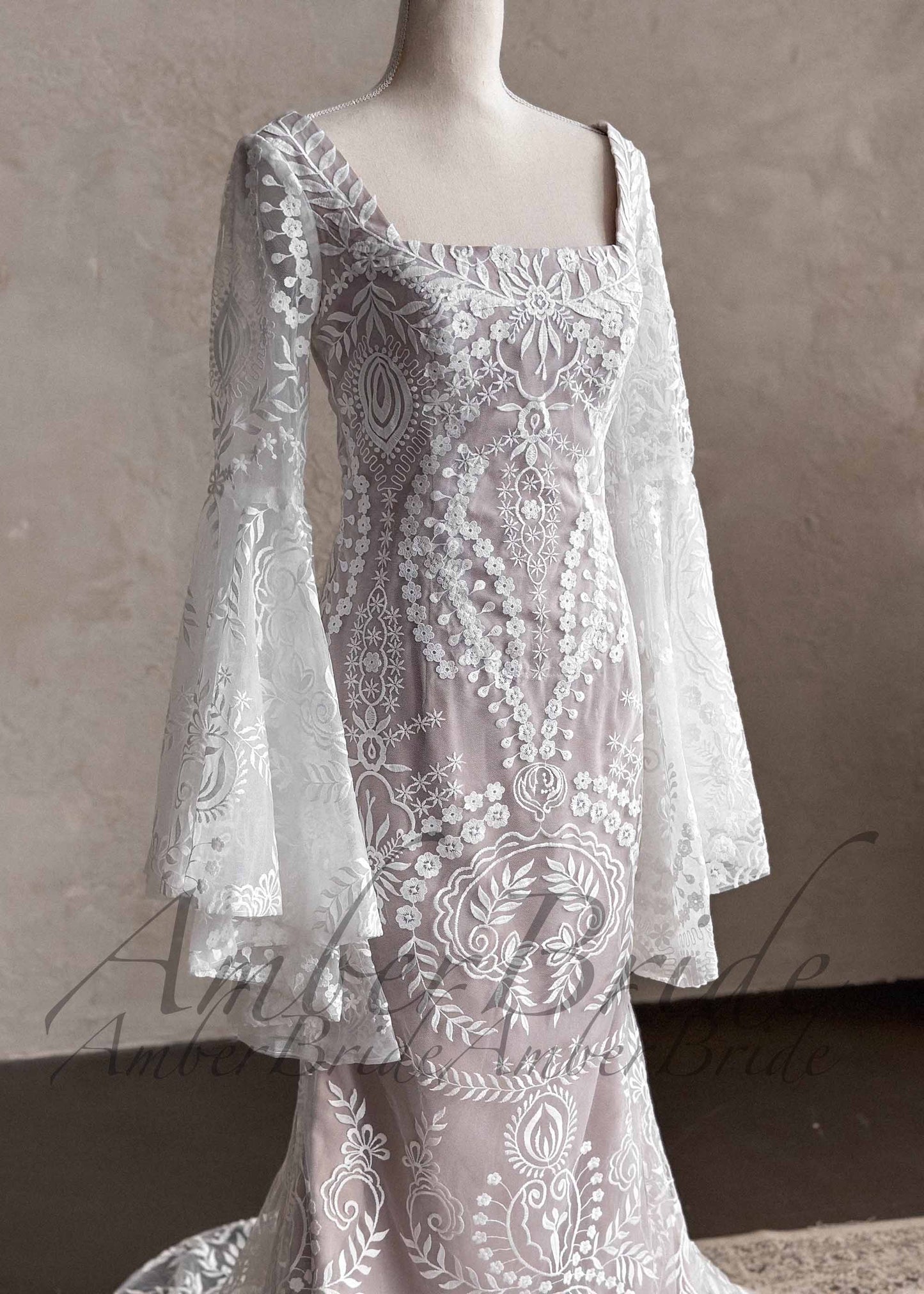 STOCK SELL-OUT: Boho Mermaid Wedding Dress with Bell Sleeves and Square Neck